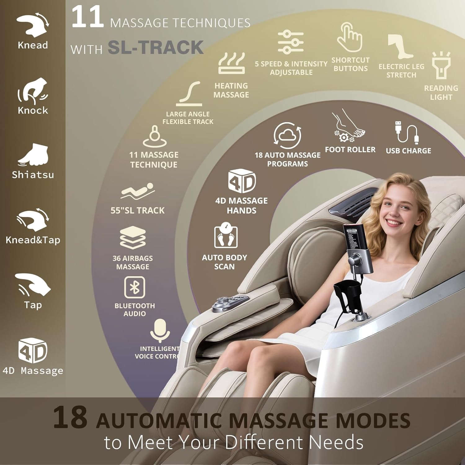 4D Massage Chair Full Body Zero Gravity 55" 166° Flexible SL-Track with Body Scan, Stretch, 36 Airbags, Heat - Shiatsu Knead, Foot & Calf Massage, Voice Control, 18 Auto Modes & 11 Techniques (Beige)