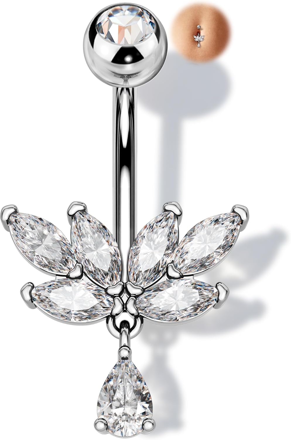 Melighting 14G Lotus Belly Button Ring Stainless Steel 316L Dangle Navel Piercing Jewelry Marquise CZ Belly Bar 10 mm Silver Body Jewellery for Women