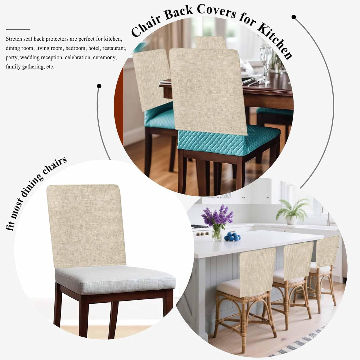 Linen Beige Chair Back Covers for Dining Chairs 8 Pack, Pure Solid Color Washable Removable Chair Slipcover Back Chairs Cover Farmhouse Modern Minimalism Protector for Wedding Baby Shower Party