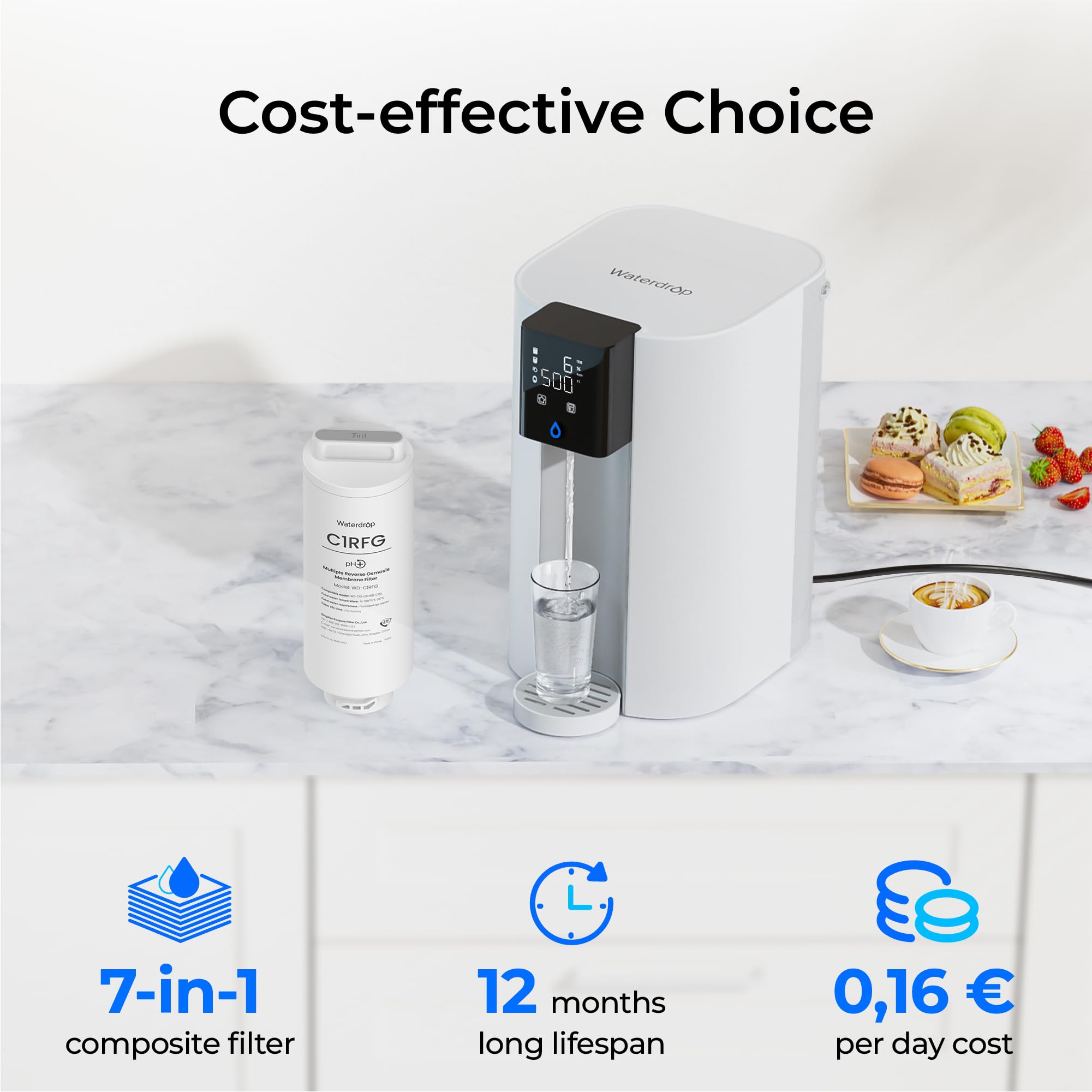 Waterdrop Filtro WD-C1RFG, ricambio per sistema WD-C1SL Countertop CoreRO, durata 12 mesi