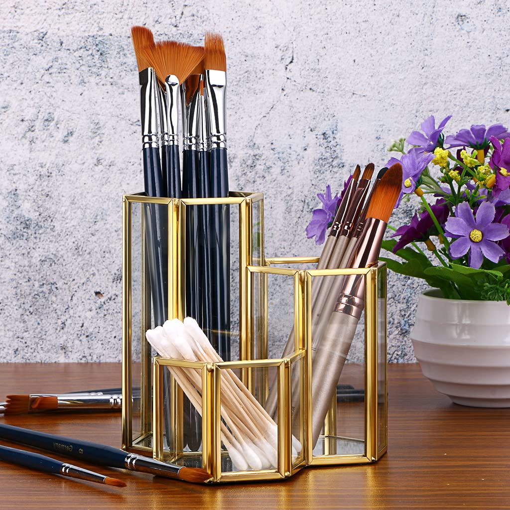 Hipiwe 3-Slot Hexagon Glass Organizer with Gold Metal Frame