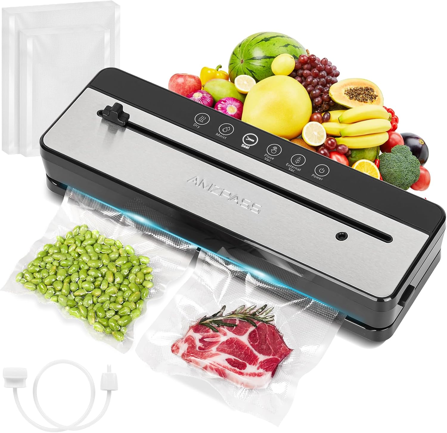 Vacuum Sealer Machine, Amzpass Vacuum Sealer for Food Storage with 20 Vacuum Bags, Multi-Functional Food Sealer Vacuum Sealers, Built-in Cutter Vacuum Sealers, External VAC for Jars & Containers