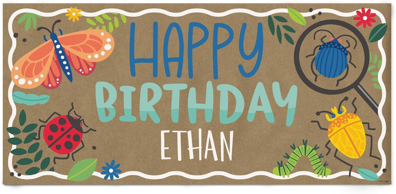 Big Dot of Happiness Personalized Buggin' Out Birthday Kraft Paper Banner, Colorful Insects & Bug-Themed Birthday Party Banner, Custom Name Printed Brown Paper Party Sign Decoration – 1 Count