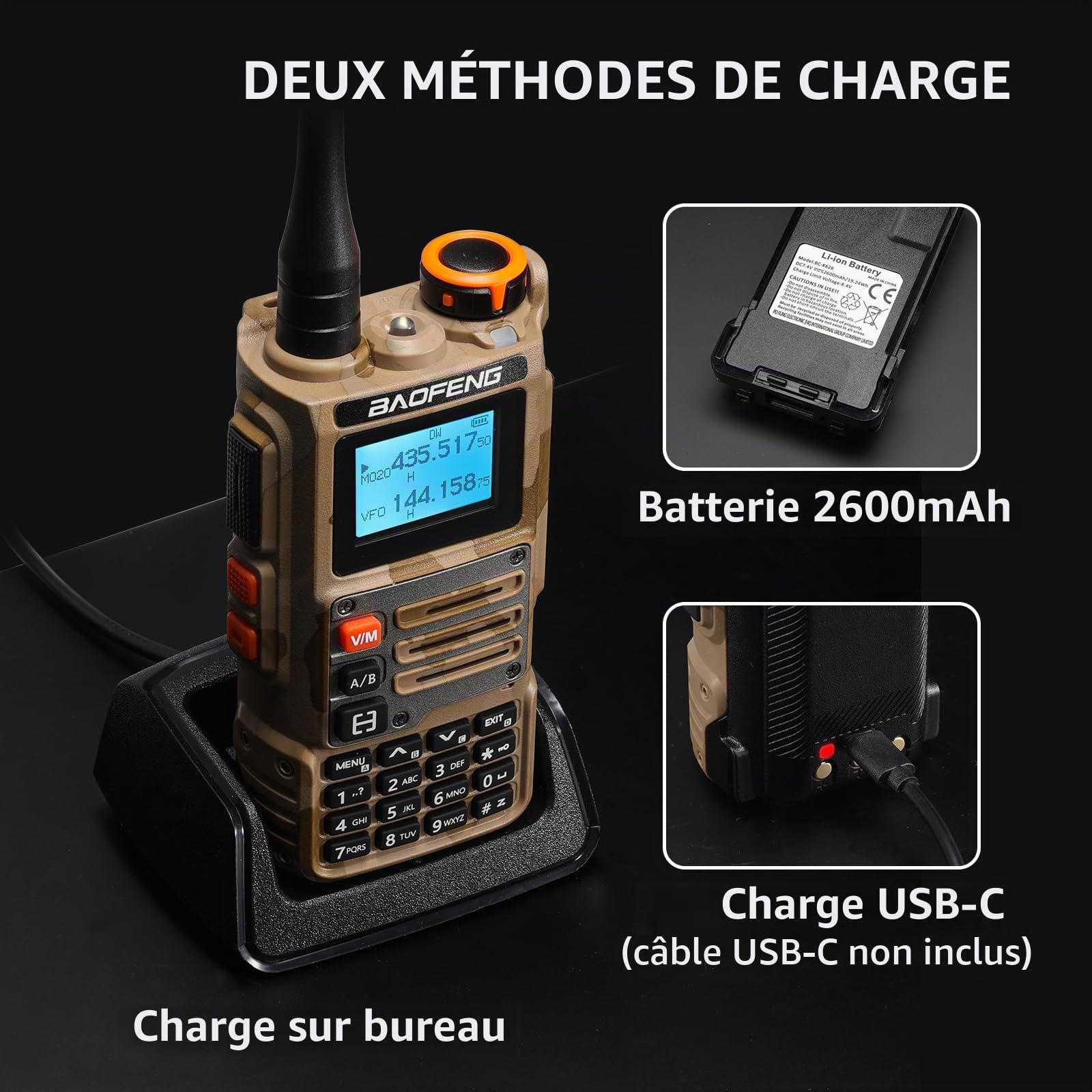 BAOFENG K63 6W Talkie-walkie, Radio Amateur Portable tri-Bande UHF/VHF/1,25 m, AM/FM, Batterie 2600 mAh, 999 canaux, Copie de fréquence sans Fil, fréquence répéteur inversée, Camouflage désert