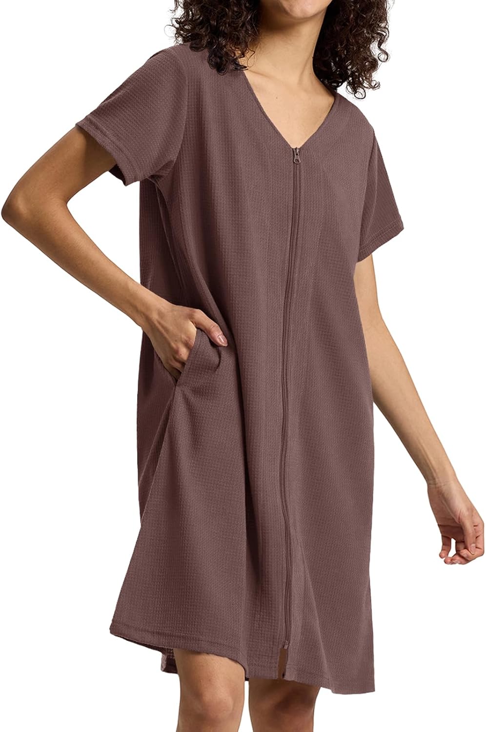 SIORO Women Zipper Robes Waffle Short Sleeve Bathrobe Lightweight Housecoat Knee Length Nightgown Loungwear with Pockets