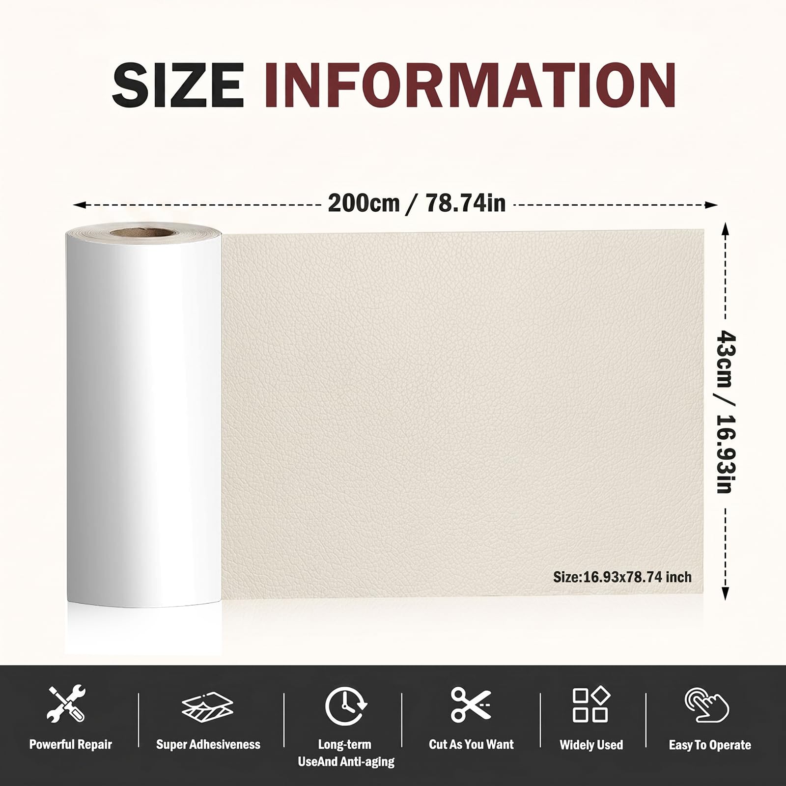 Kunstleder Selbstklebend, 43 x 200cm Leder Patch Selbstklebend, Kunstleder Reparaturset, Leder Reparatur Patch, Leather Adhesive Covers Reparaturset für Sofas, Handtaschen, Autositze (Beige)