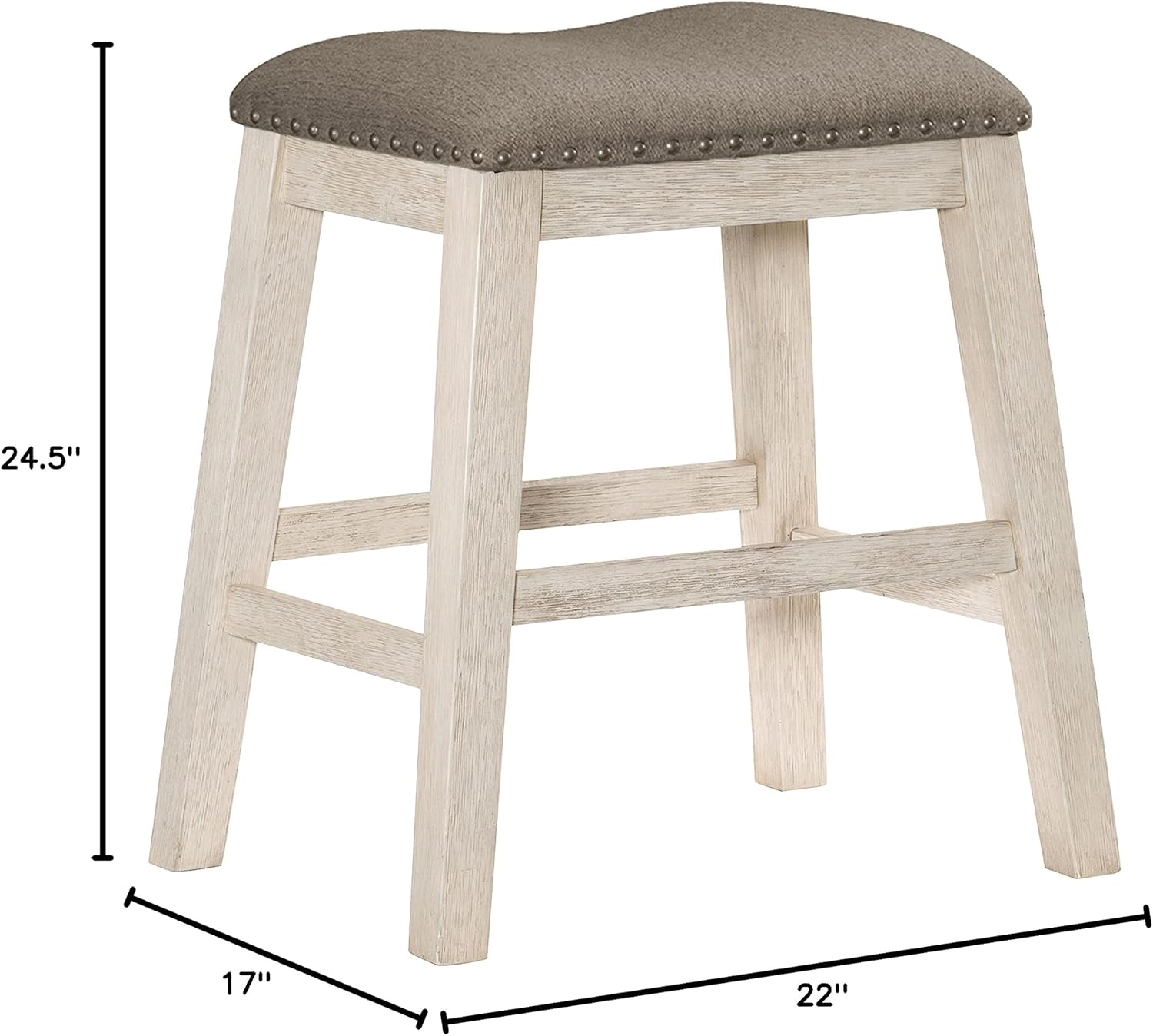 Lexicon Counter Stools Set of 2 - Brown Fabric Padded Stool Seat Height 24.5", Counter Height Kitchen Chairs with Solid Wood Frame, Footrest, Nailhead Trim, Easy Assembly, Antique White