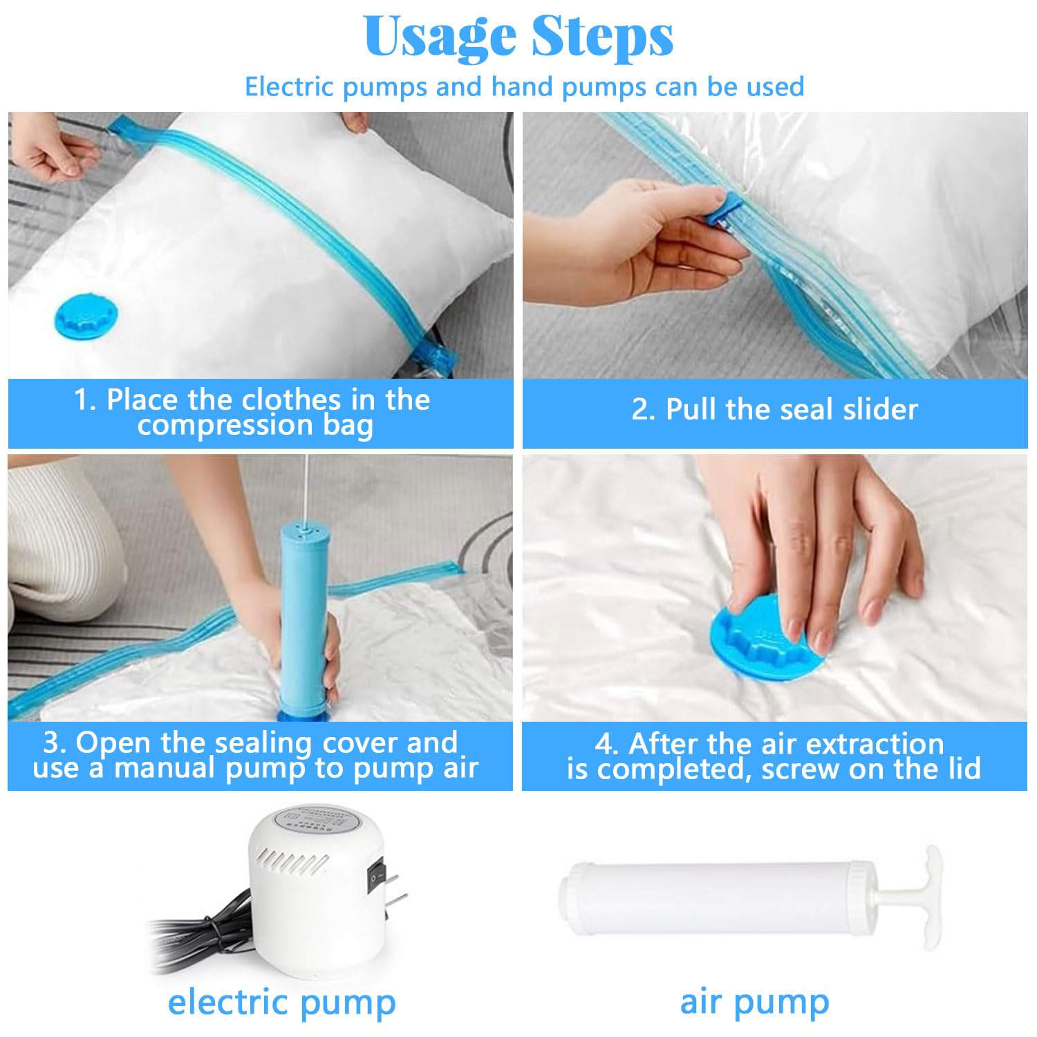 Sacs Compression Sous Vide Avec Pompe | 6 Sacs 30x40 Cm Réutilisables, Gain De Place 80%