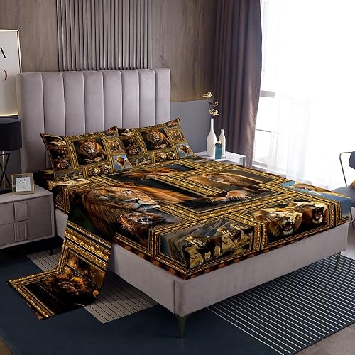 Feelyou Lion Safari Print Plaid Bed Sheets Set King Size 4Pc