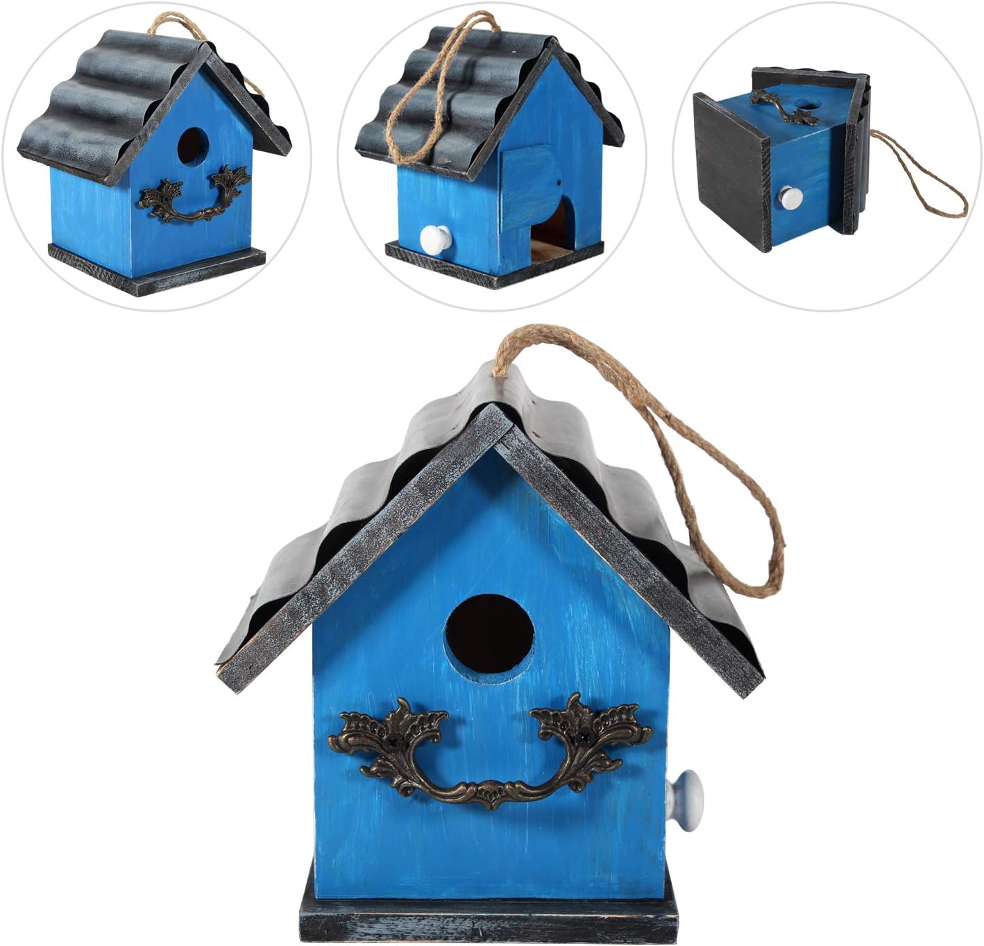 Bird House for Outside, Resting Place for Birds, Hanging Natural Wooden Bird Nest, Bluebird House Handcrafted Hut (Blue)