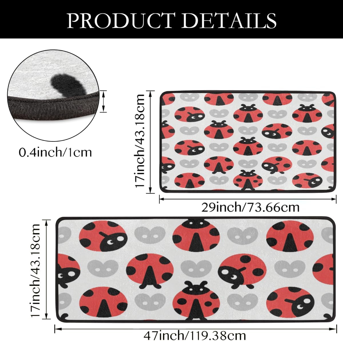Anti Fatigue Ladybug Hearts Kitchen Mats for Floor 2 Piece Set, Waterproof Non Slip Boho Kitchen Floor Rugs, Comfort Standing Mat for Sink Laundry & Home Kitchen 17"x47"+17"x29"