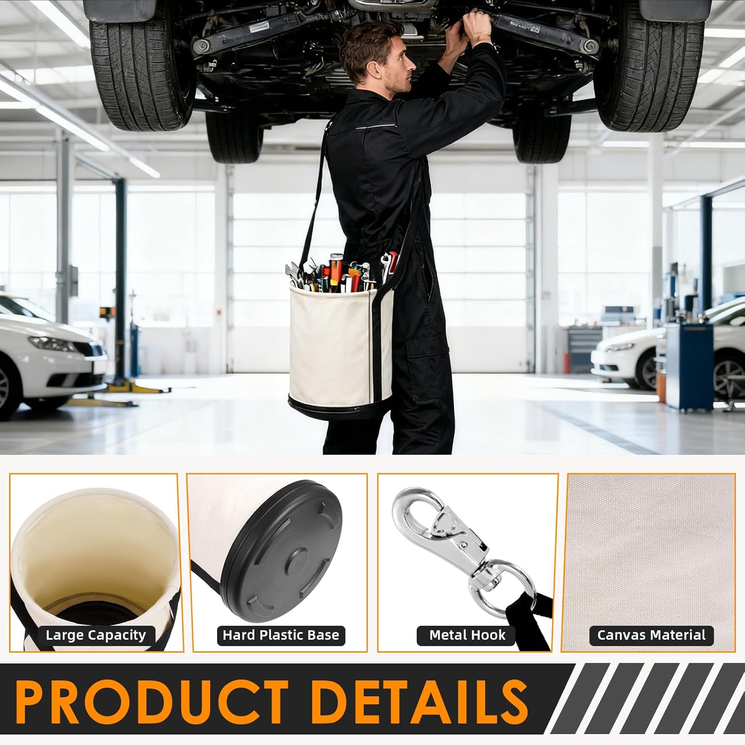 2 Pack Utility Canvas Tool Bucket 15" x 12" All Purpose Canvas Bag,Oval Truck Tool Organizer with Plastic Bottom Metal Hook for Industrial Maintenance Construction Sits