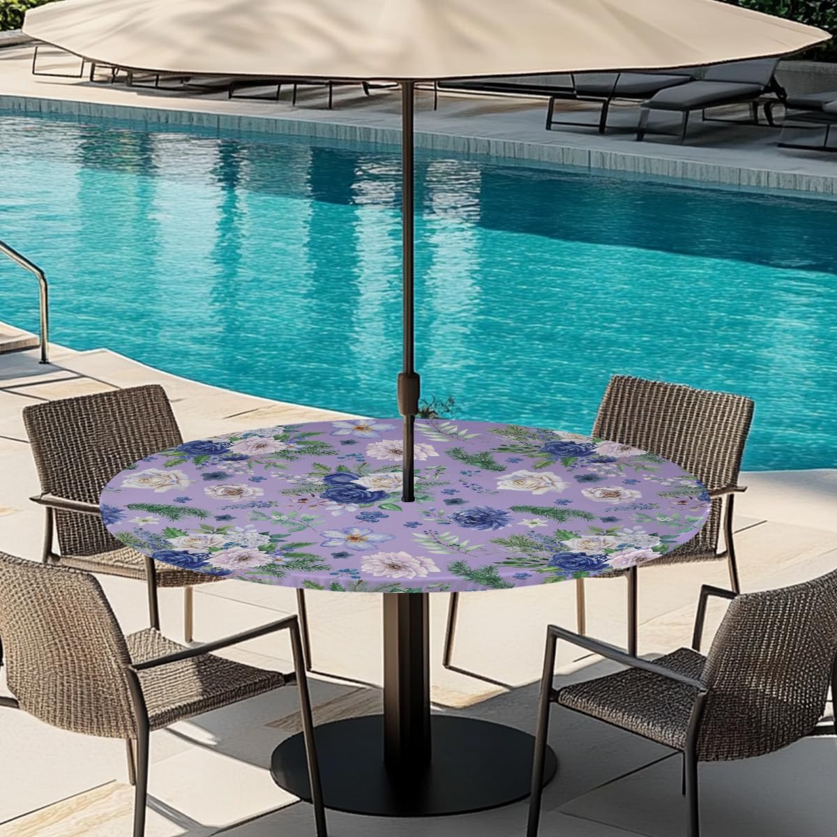 Flower Purple Beautiful Round Outdoor Table Cloth with Umbrella Hole Flower Leaf Outdoor Round Fitted Tablecloth with Elastic Edge Waterproof Circle Table Cover for Patio Garden Picnic (36-44 in)