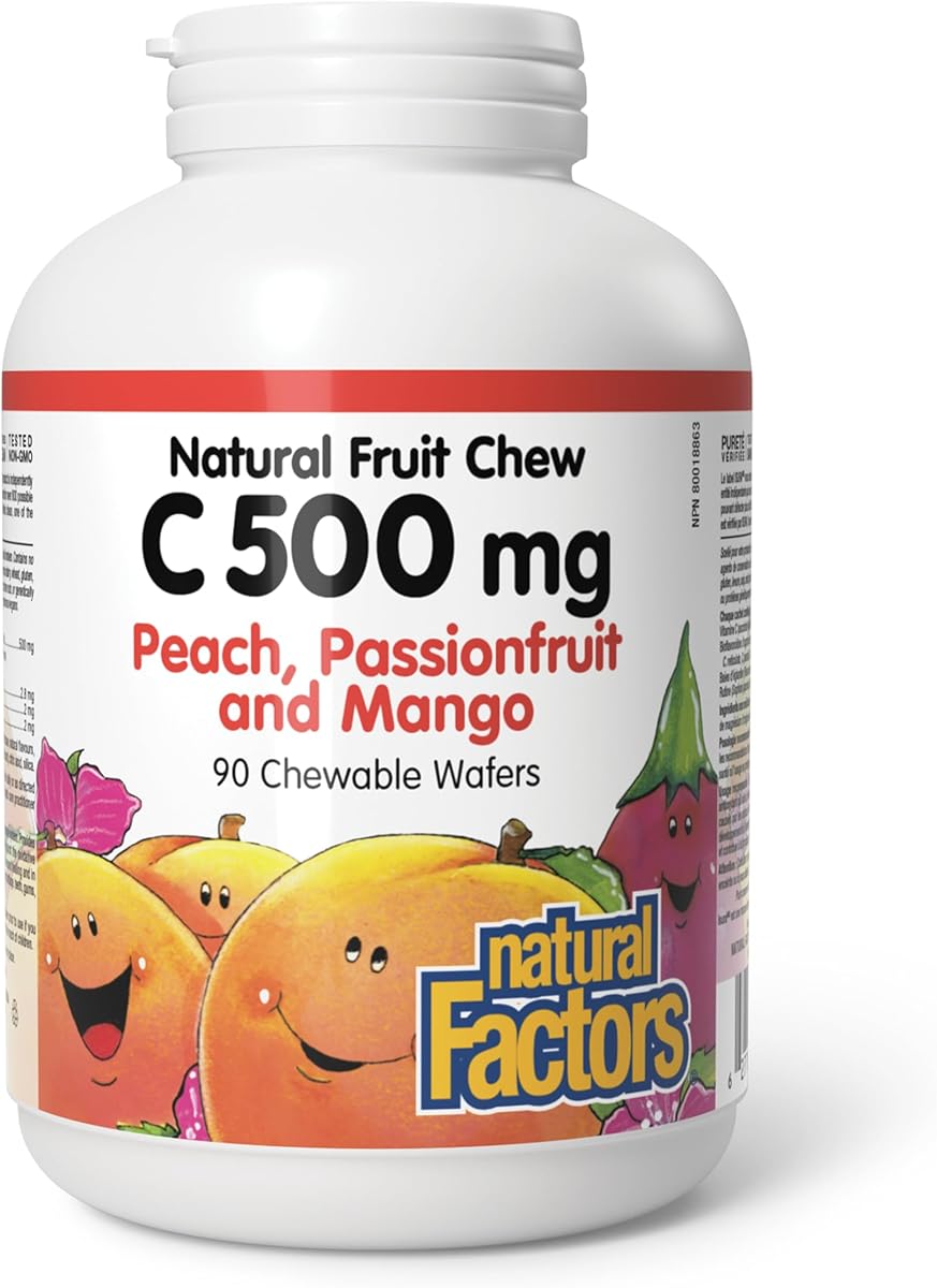 Natural Factors Vitamin C 500 mg 100% Natural Fruit Chew, 90 Chewable Wafers, Peach, Passionfruit & Mango Flavour, Easy-to-Take, Vegan, Guten Free, Proudly Canadian