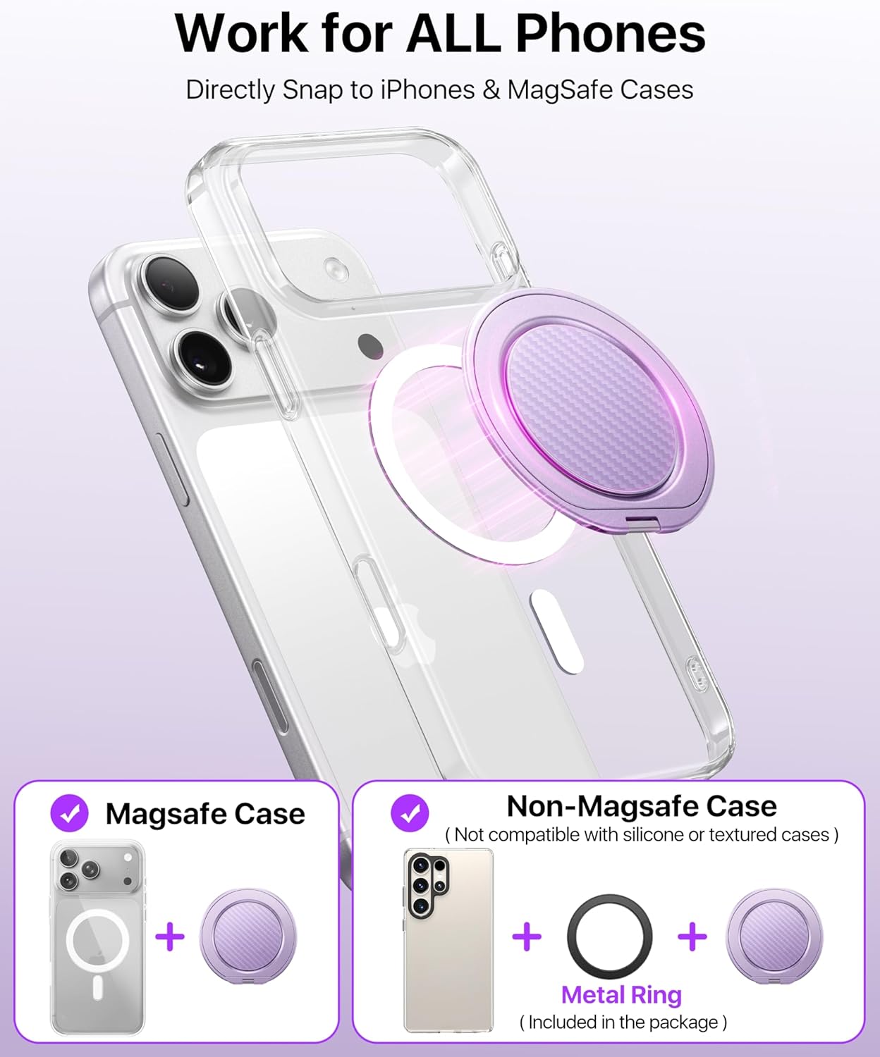 andobil [2026 Ultra-Thin] Magnetic Phone Grip for MagSafe [360° Rotate] Magnetic Cell Phone Ring Holder & Kickstand for MagSafe Accessories & iPhone 17 Air 16 Pro Max Plus 15 14 13 12, Purple