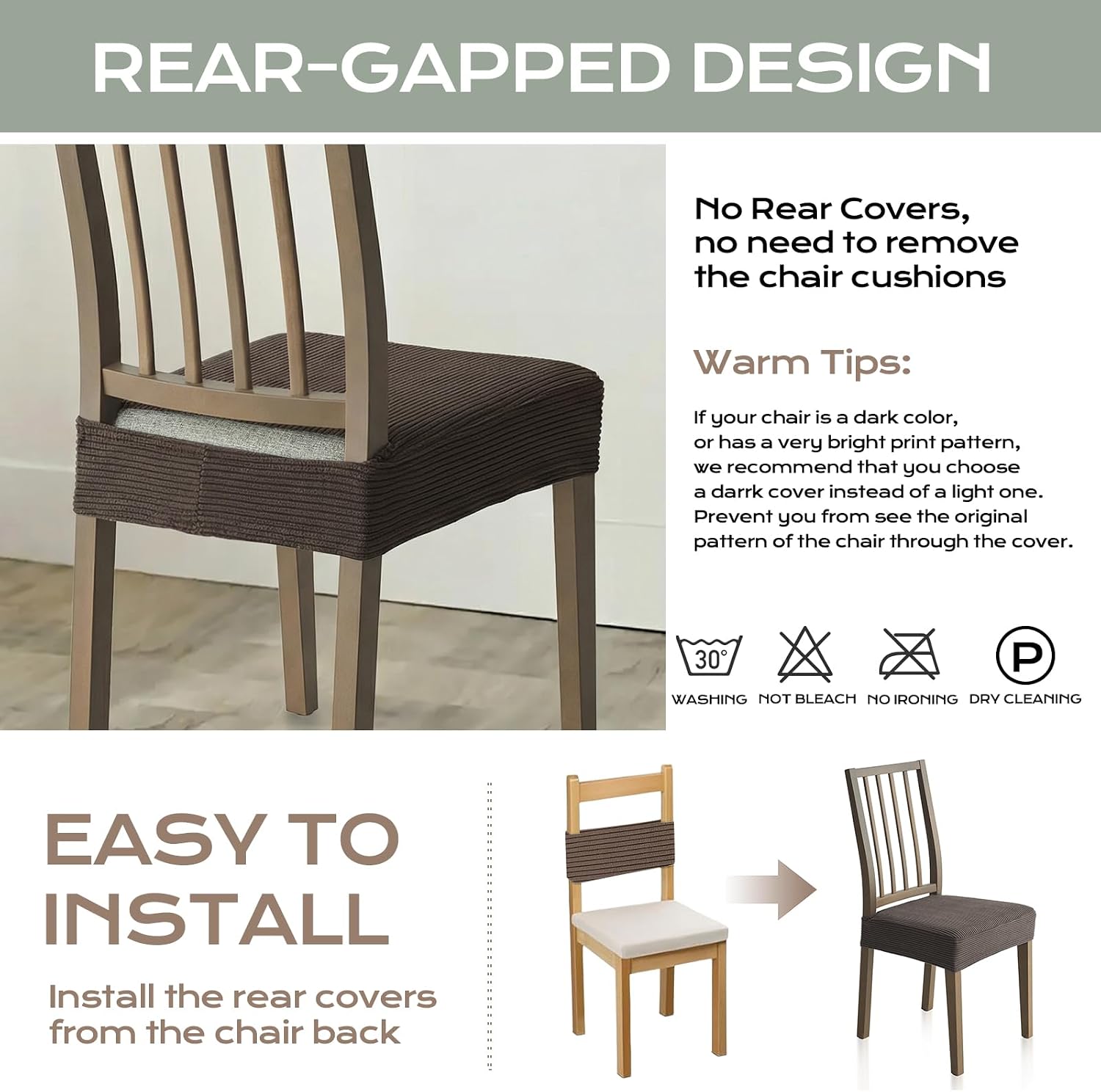 NILUOH Dining Chair Seat Covers (Cover Only), Waterproof PU Leather Chair Seat Slipcovers, Rear-Gapped Stretch Seat Cushion Covers, Removable & Machine Washable, Set of 4