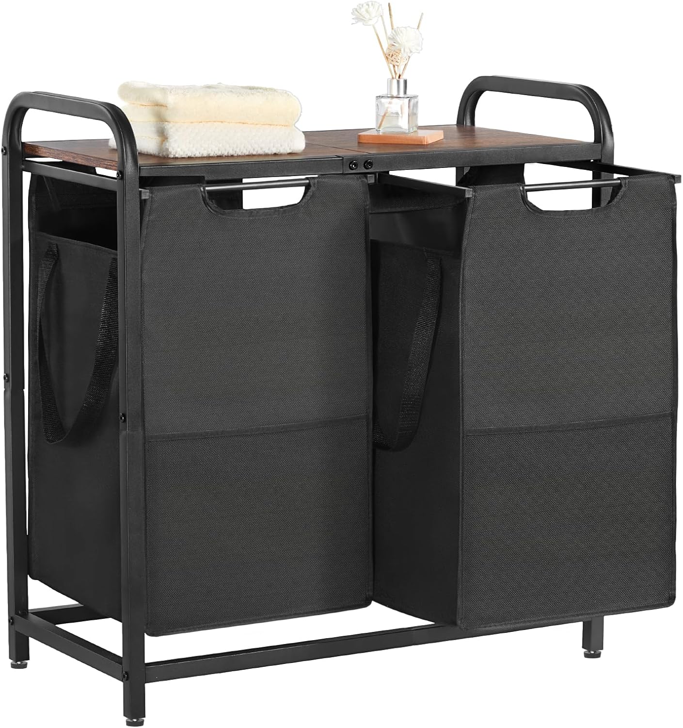 VEVOR 2 Section Laundry Sorter, Large Laundry Hamper with Metal Frame and Wooden Tabletop, Freestanding Storage Organizer Baskets with Pull-Out 600D Oxford Cloth Bags for Dirty Clothes, Bathroom