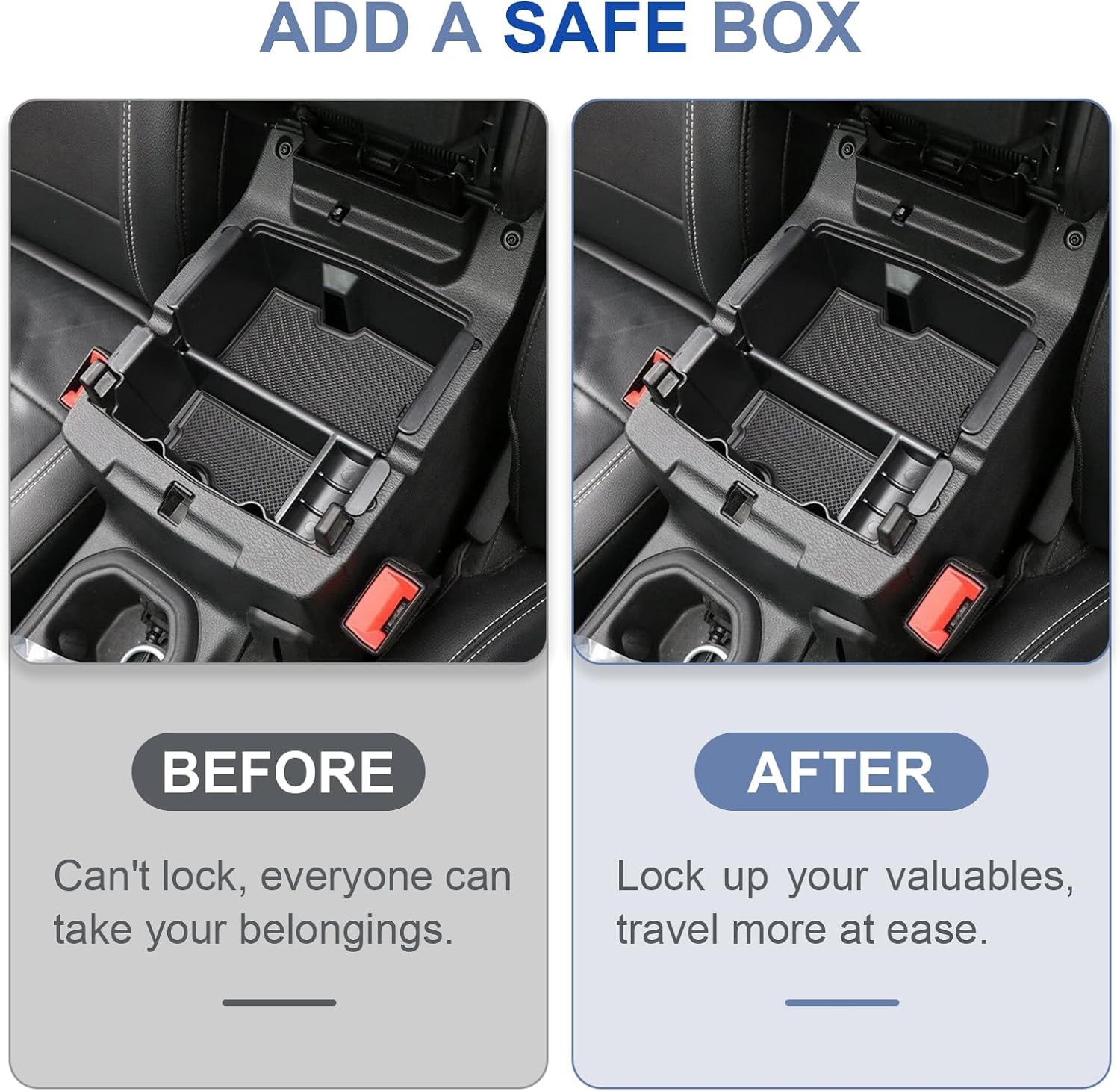 Center Console Lock Safe Box Compatible with 2018-2025 Jeep Wrangler JL 4XE, Gladiator JT Interior Accessories Armrest Vault Security Organizer Tray with 3 Digit Combo Password