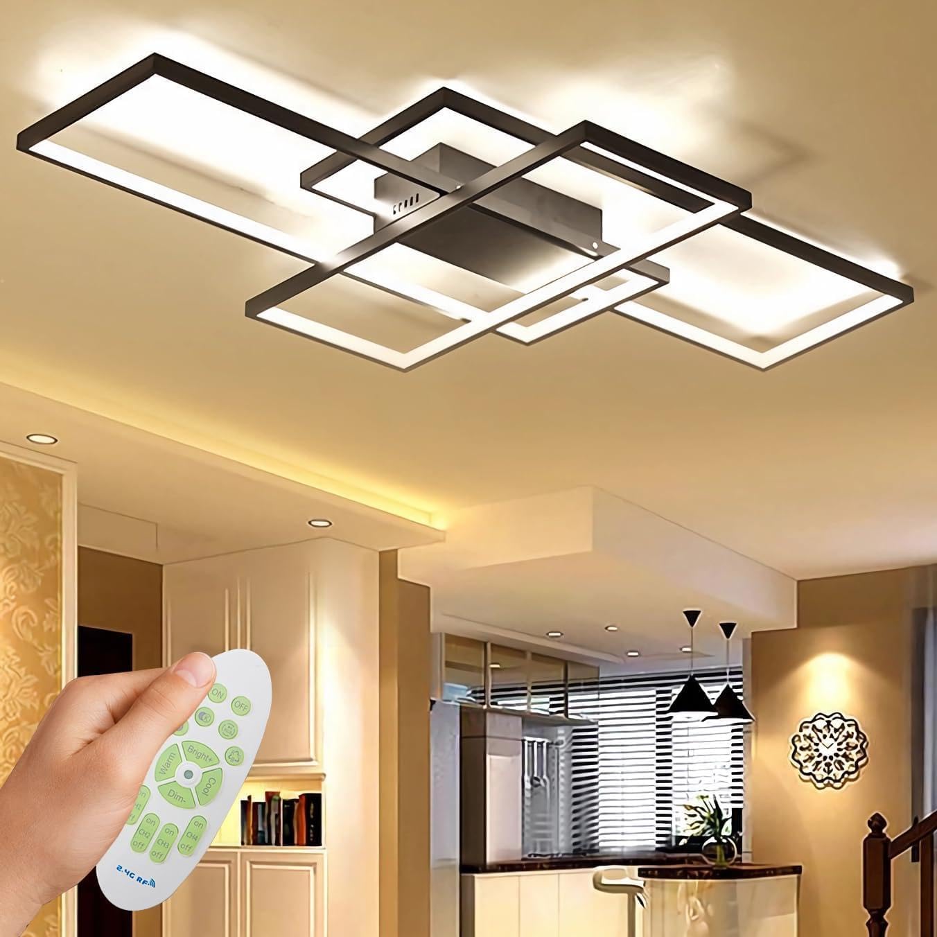 LED Ceiling Light Modern Ceiling Light Dimmable with Remote Control Ceiling Light Geometric Bedroom Lamp Design Acrylic Lampshade Decor Ceiling Light Dining Table Ceiling Lighting (Black, 140cm)