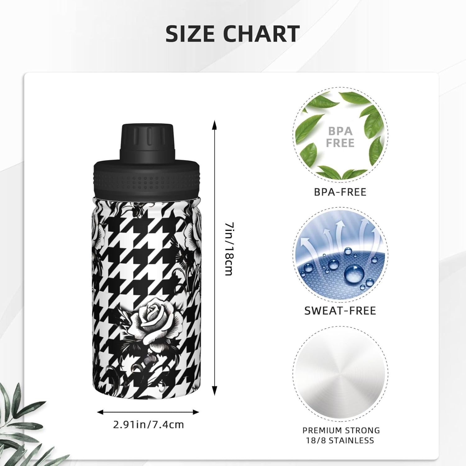 12 oz Stainless Steel Vacuum Water Bottle Roses Flower Houndstooth Plaid Lightweight Sports Flask