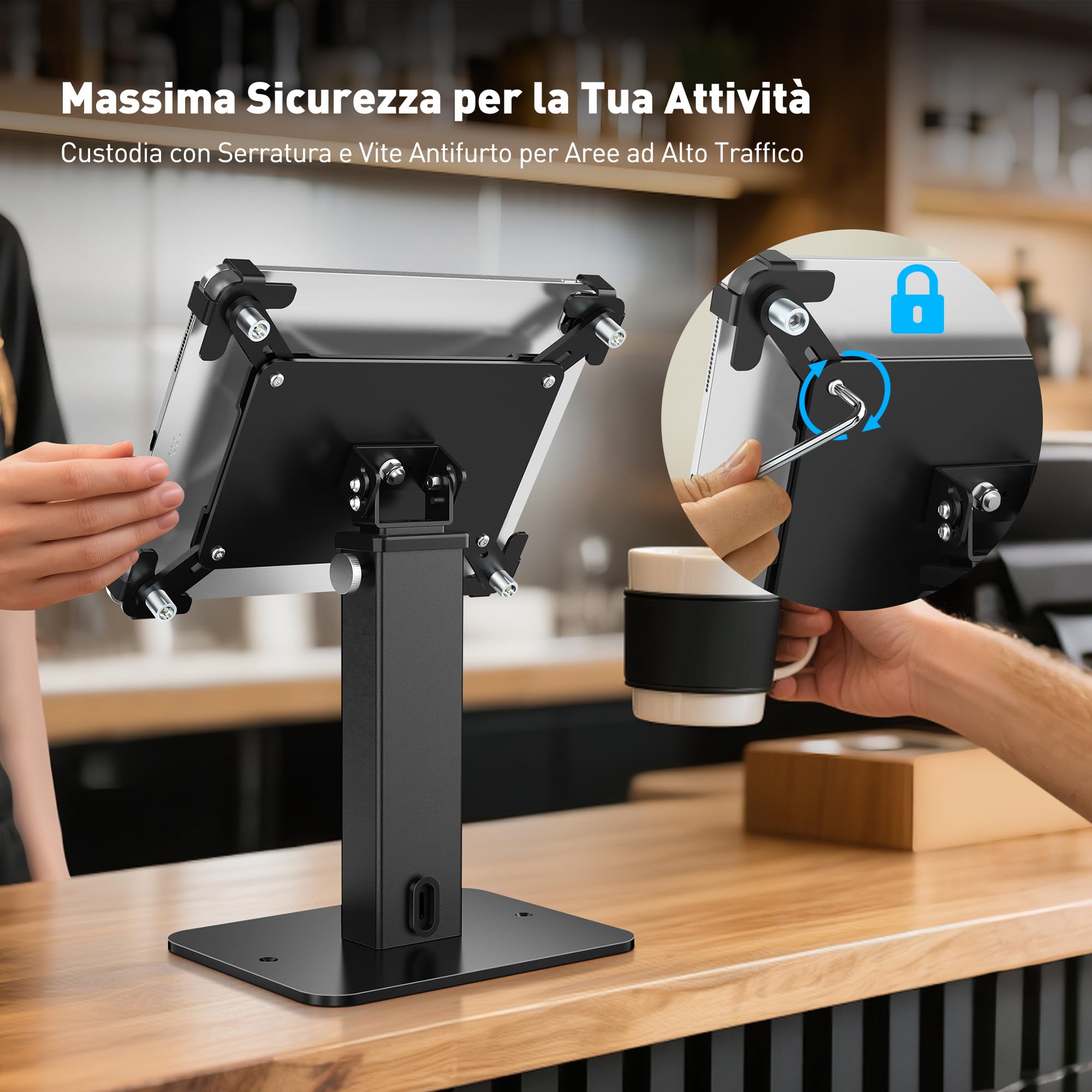 AboveTEK Supporto Chiosco Antifurto per iPad, Rotazione 360° e Altezza Regolabile 21-34 cm, Acciaio e Alluminio Resistente, per Tablet da 9.7"-13", Supporto di Sicurezza POS per Uso Commerciale-Nero
