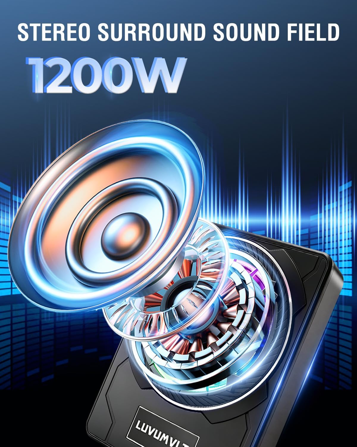 1200W 10" Skull Car Subwoofer with APP-Controlled RGB Beat-Sync Lights, Slim Under Seat Powered Built-in Amplifier, Low Pass Filter/Gain/Bass Boost, Deep Bass for Car/Truck/SUV/Jeep