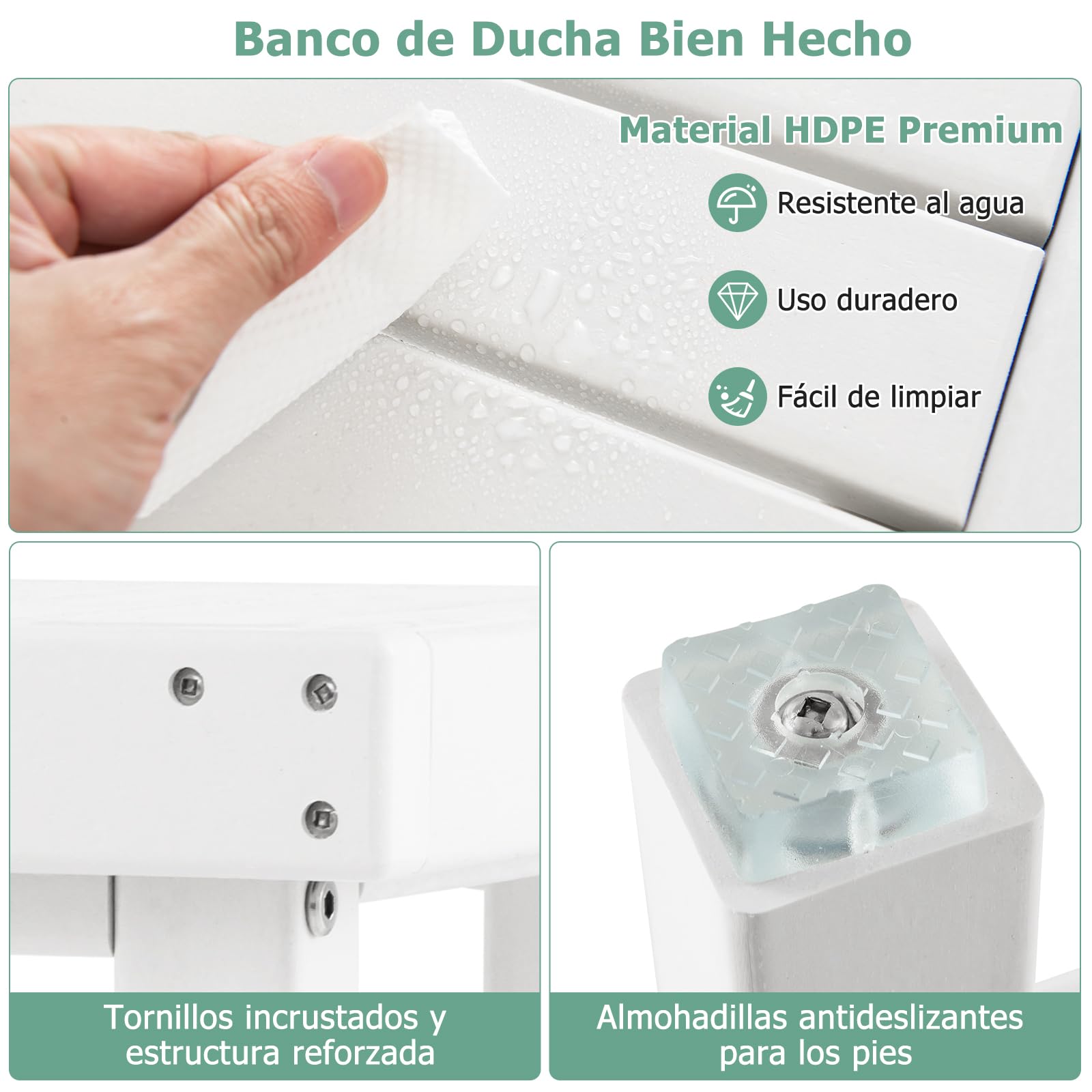 GOPLUS Taburete de Ducha de 2 Niveles, Taburete de Ducha con Estante para Baño, SPA y Afeitado de Piernas, Color Blanco y Marrón (61 x 31 x 49 cm) (Blanco)