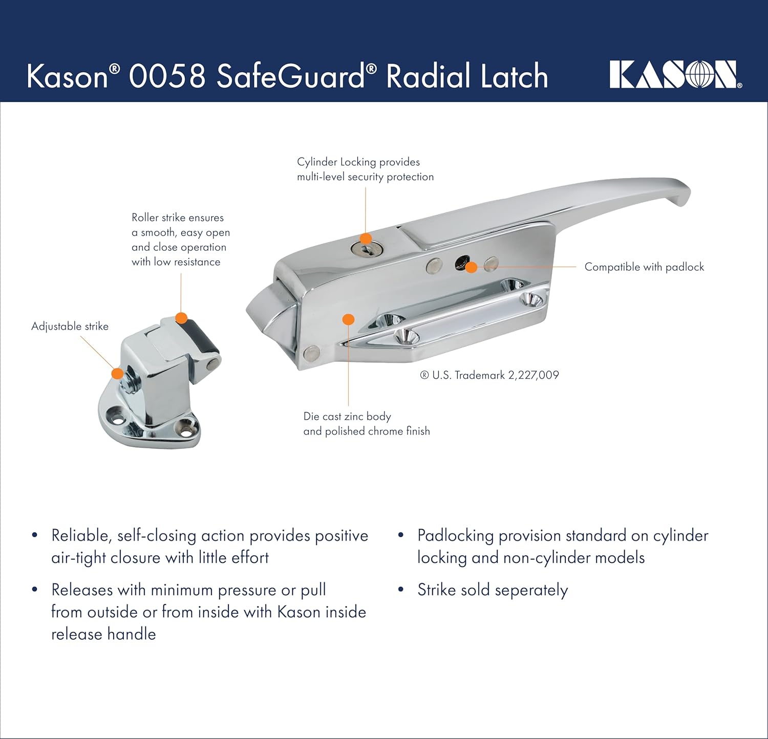 Detailed dimensions diagram for Kason 0058 Latch and Strike