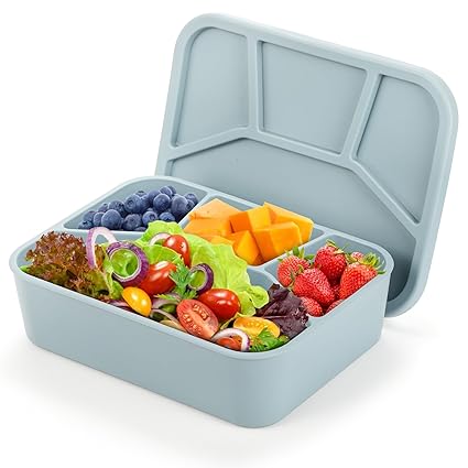 Noamus Silicone Bento Box, 4 Compartment LeakProof Lunch Box With Lid, 42 Oz Unbreakable Food-Grade Divided Storage Container for Adults Kids, BPA Free, Oven Dishwasher Freezer safe (Grayish Blue)