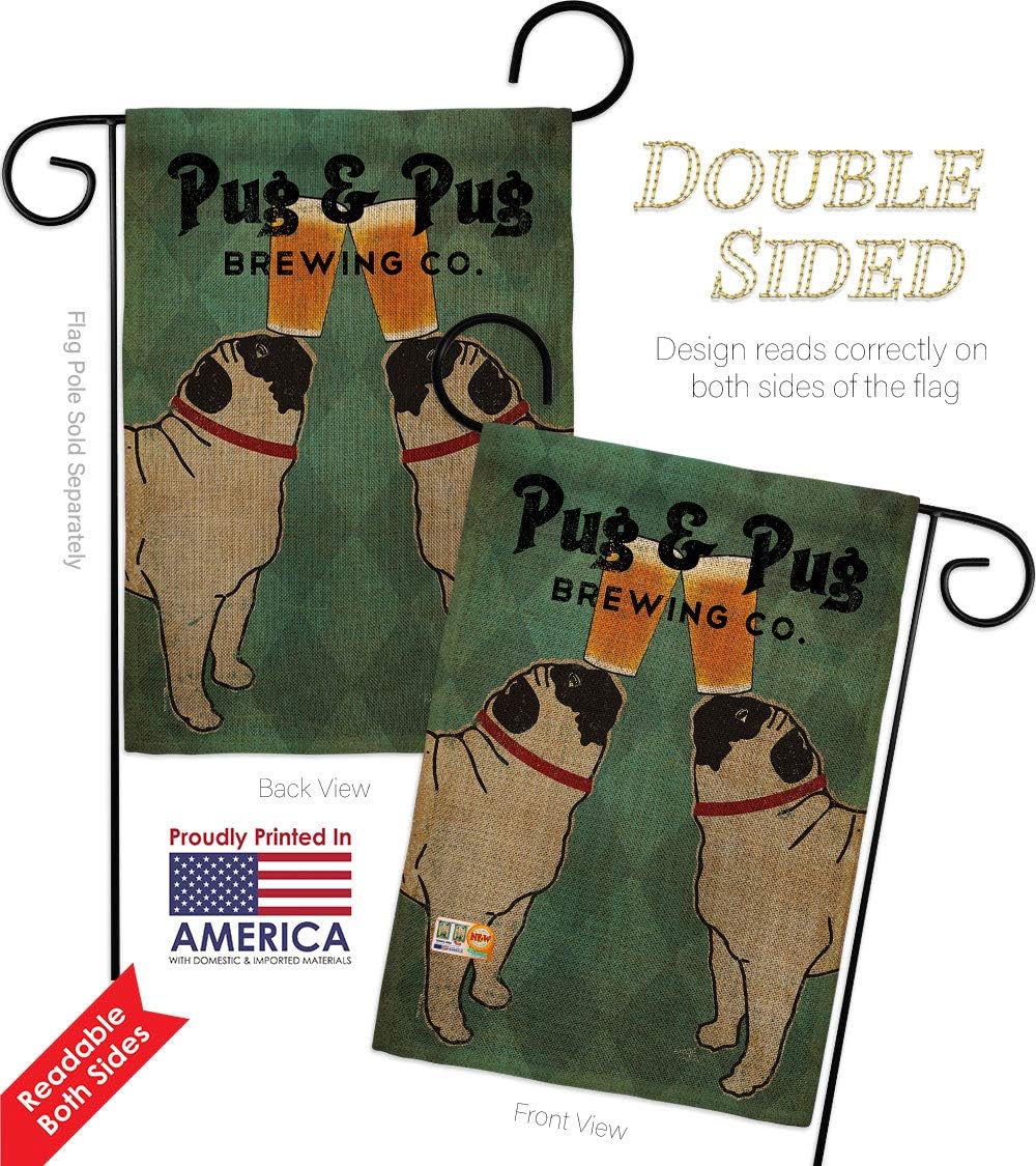 Dog Pug and Brewing Garden Flags Pack Animals Puppy Spoiled Paw Canine Fur Pet Nature Farm Animal Creature USA Vintage Applique Small Decorative Gift Yard House Banner Double-Sided US Made 13 X 18.5