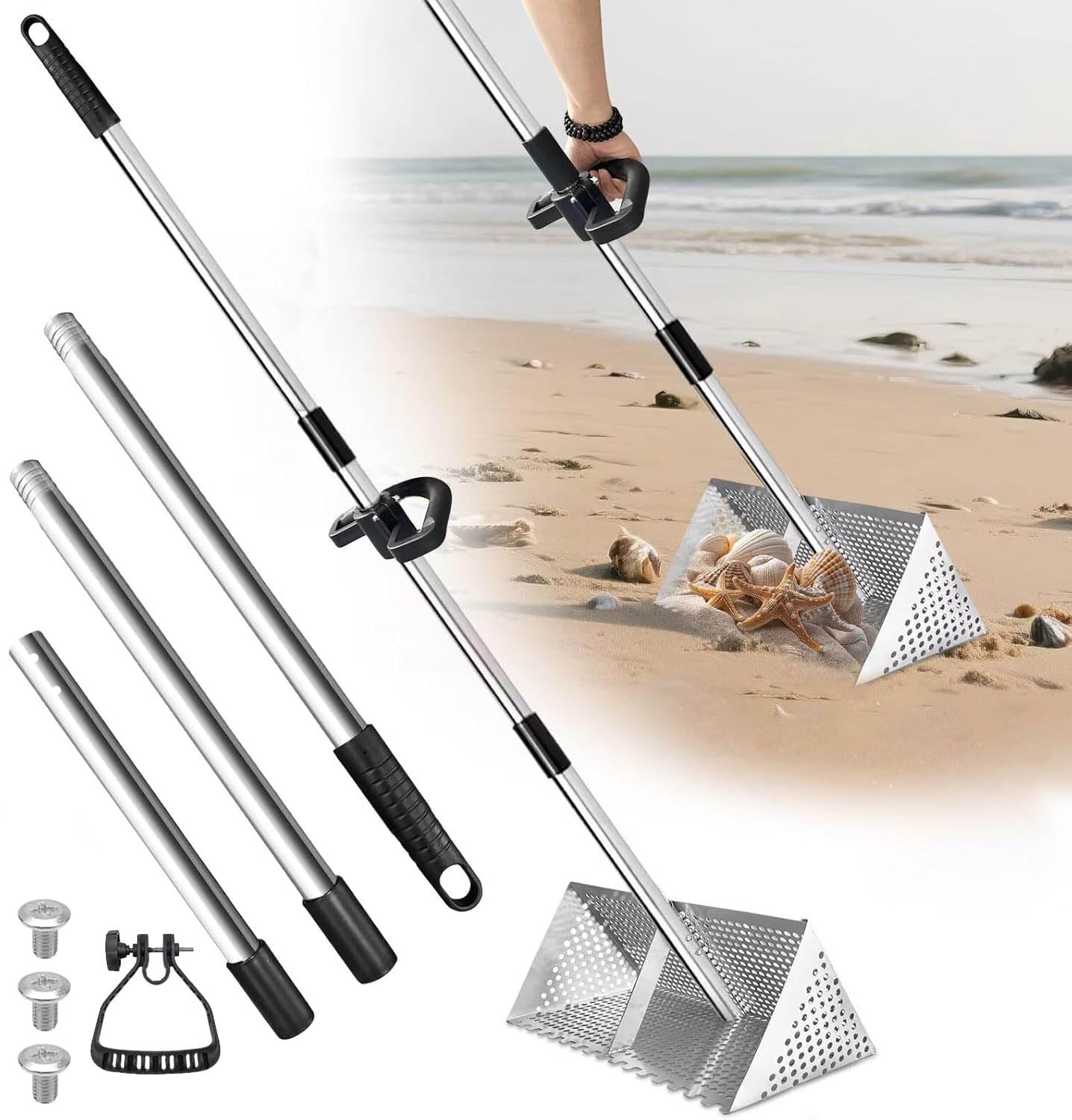 Edelstahl Strand Sandsieb, Strandrechen, Sandflohharke, Mit 15,8 Zoll Haifischzahn, Breiter Korb, 133cm Einstellbar Sandschaufel Dreiteiliger Griff, Faltbare Sandflohfalle Für Den Strand(Silver)