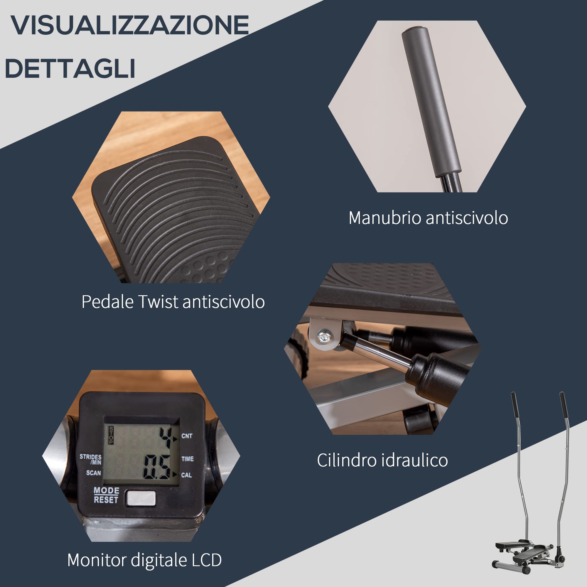 HOMCOM Stepper Fitness con Maniglia, Stepper con Monitor LCD per Allenamento a Casa e Palestra
