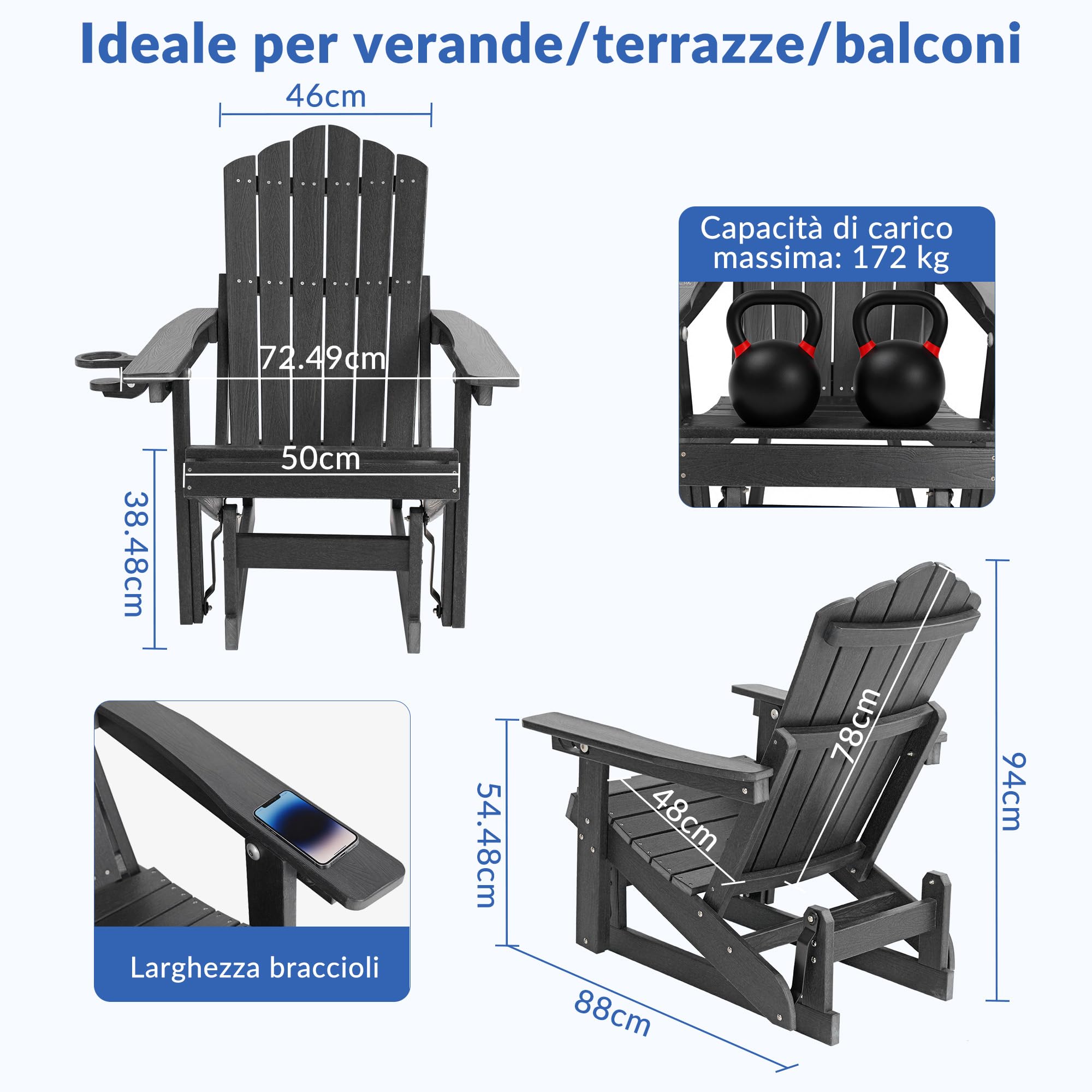 Sedia a dondolo Adirondack con schienale regolabile,sedia a dondolo per patio in simil-legno resistente alle intemperie con portabicchieri, meccanismo di oscillazione fluido,capacità di peso 200 kg