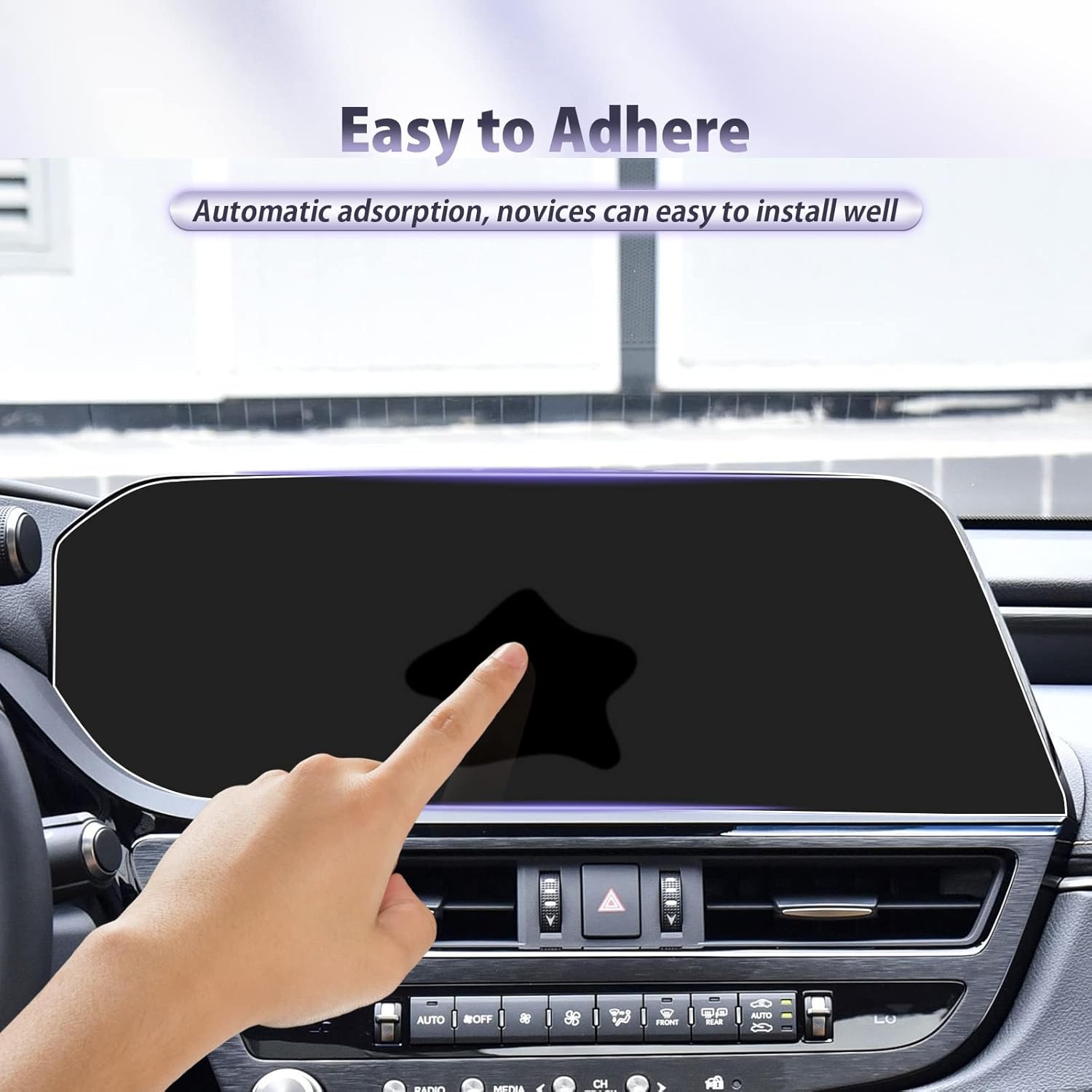 A hand pressing down on the screen protector, demonstrating easy adhesion.