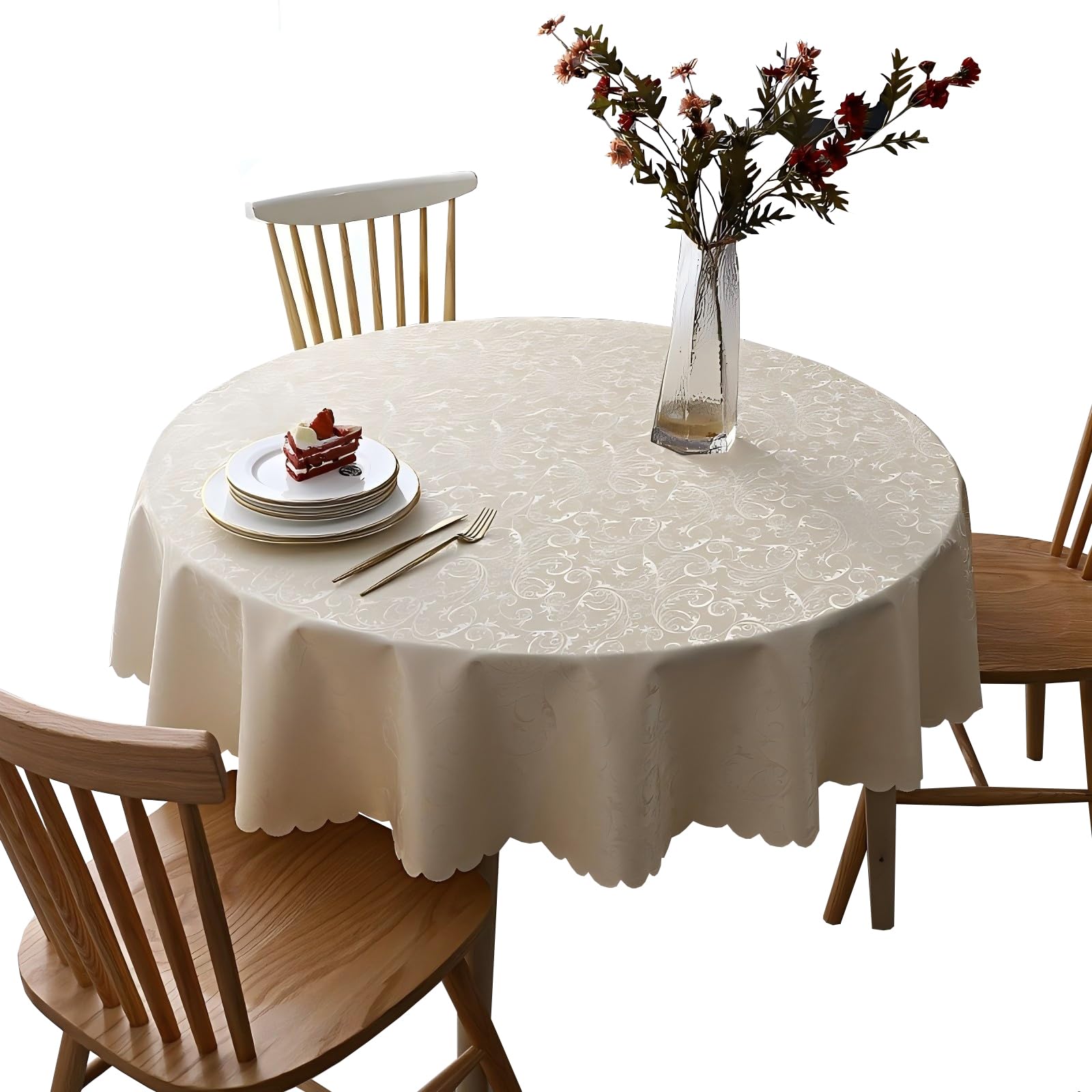Nappe Ronde Anti-Taches en PVC Imperméable à l'eau Facile à Nettoyer Beige Diamètre 220cm Convient aux Tables Rondes de diamètre 150-170cm