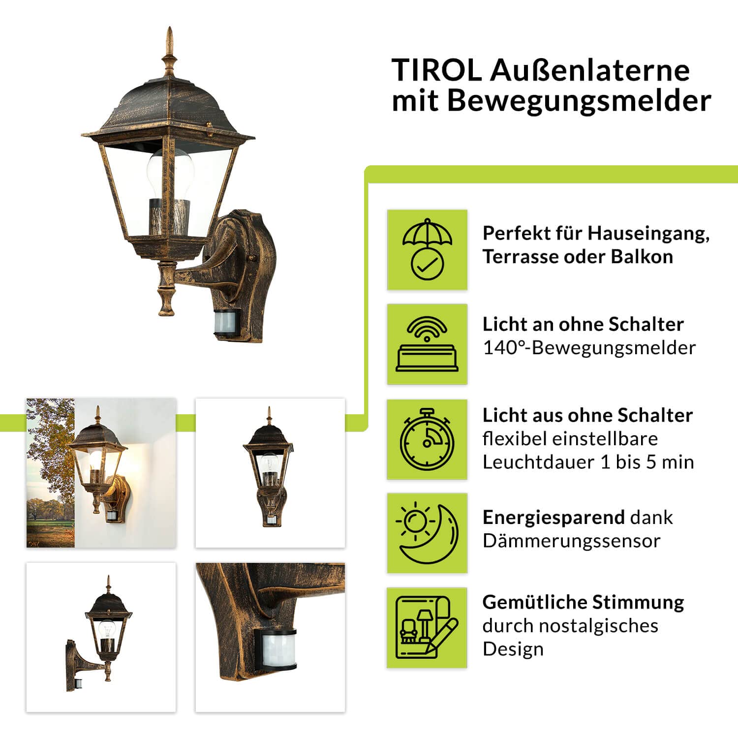 Licht-Erlebnisse Außenwandleuchte mit Bewegungsmelder Glas Aluminium in Schwarz Kupfer IP44 Garten B:15 cm E27 nostalgische Wandlaterne Outdoor TIROL