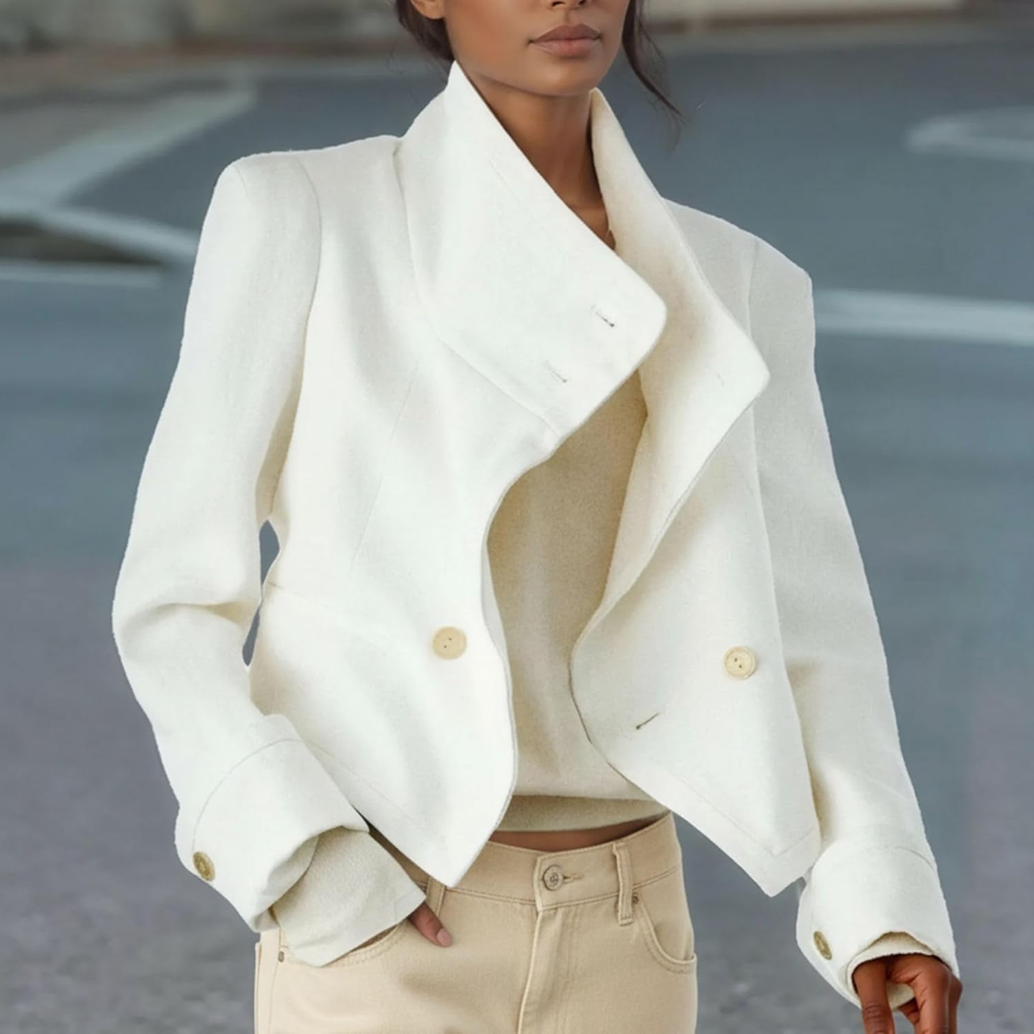 Chevara Women’s Cropped Blazer Jacket Stand Collar Long Sleeve Button Up Coat with Pockets