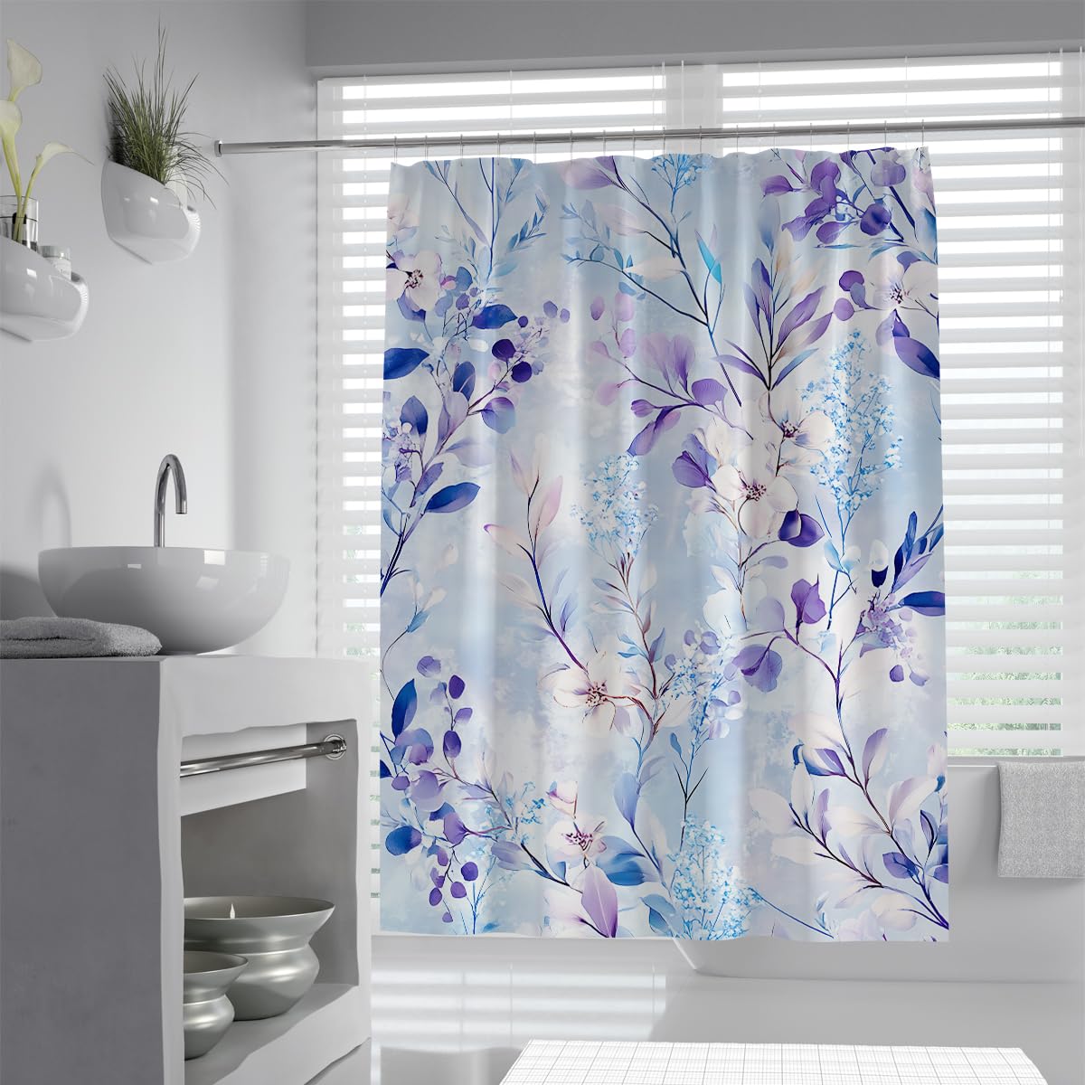 UERWOWELL Purple Leaves Shower Curtain Blue Watercolor Bathroom Decor Modern Botanical Flower Bath Curtains with Hooks Waterproof Polyester Fabric W180xL220 cm