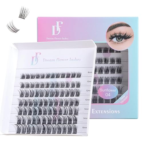 Extensiones de pestañas rizadas en racimo D, MIX8-0.630 in, racimos de pestañas naturales, banda delgada y pestañas individuales suaves (Girasol 04)