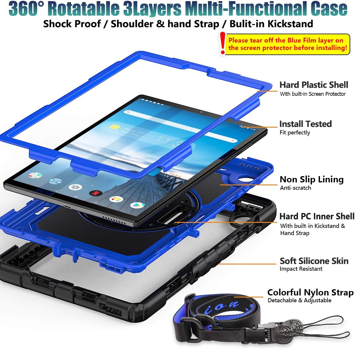 SEYMAC stock Lenovo Tab Case with Screen Protector, Drop-Proof Protection Case with 360° Rotating Stand &Strap [Pen Holder] for Lenovo Tab M10 Plus (TB-X606F) 10.3", Blue+Black