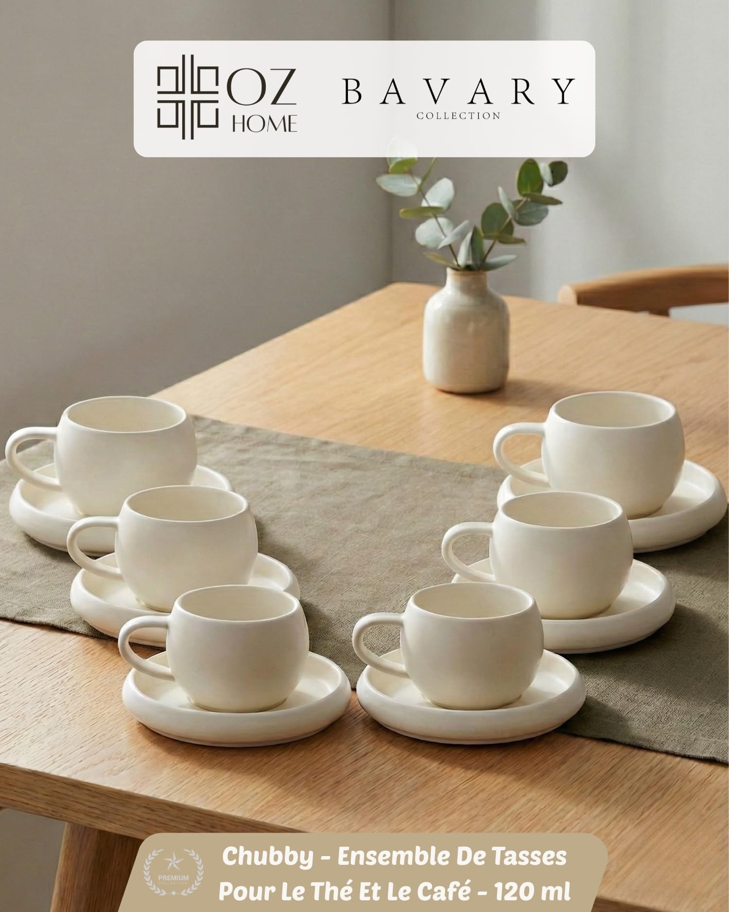 BAVARY Chubby Tasse A Cafe 120ml Avec Soucoupes, 12 Pcs (6 pers.) - Design Blanc Et Anse Ovale - Tasse A The En Porcelaine - Tasse Cafe Et Tasse Cappuccino - Service A Cafe Lave-vaisselle OK