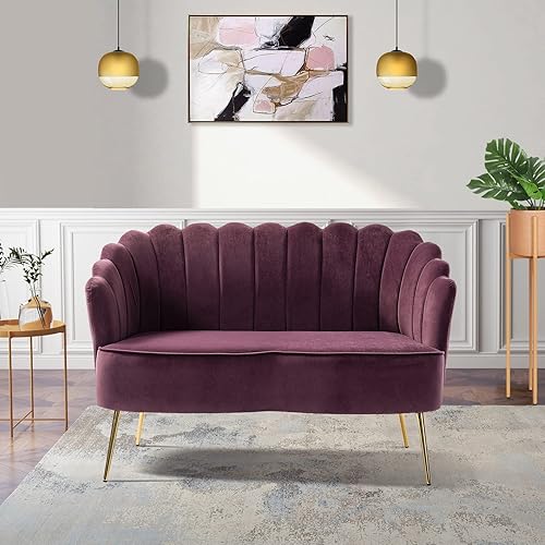 Miniatura 90 de HULALA HOME Moderno sofá biplaza de terciopelo con respaldo en forma de flor, cómodo sofá tapizado de 2 plazas con patas de metal dorado, sofá