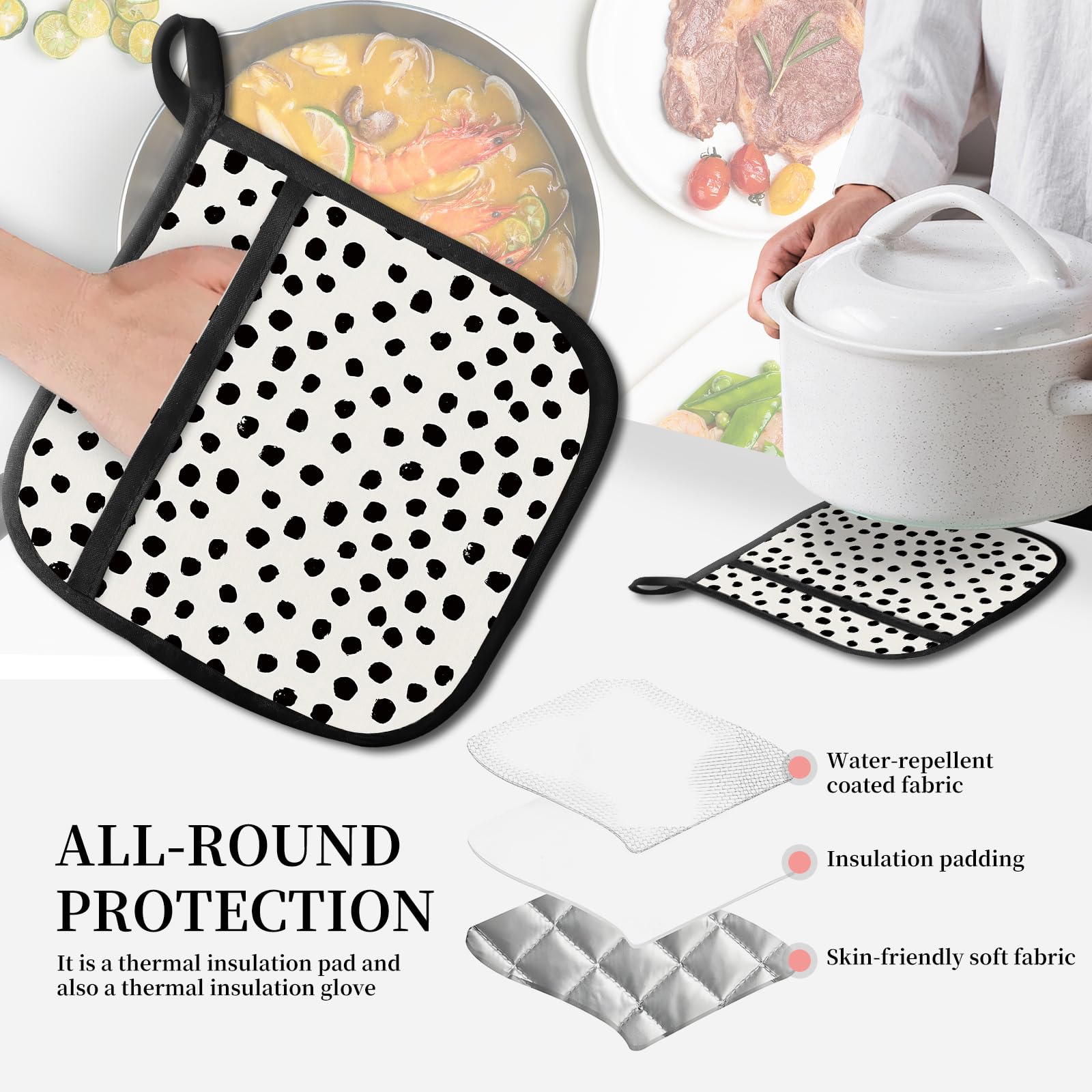 JYCardPKT Pot Holders for Kitchen, Heat Resistance Hot Pads, Cute Potholder with Pocket for Kitchen Cooking Baking, Cute Polka Dot