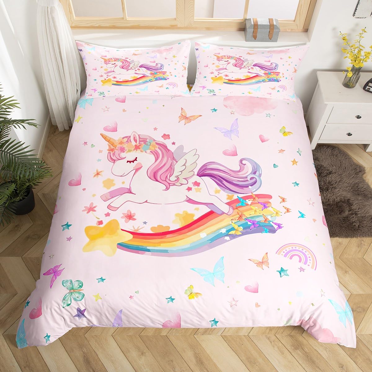 Homemissing Rainbow Unicorn Duvet Cover Set Double Size For Kids Boys Girls Teens Cute Unicorn PinkBedding Set Butterfly Love Heart Star Print Duvet Cover with 2 Pillowcases — image 1