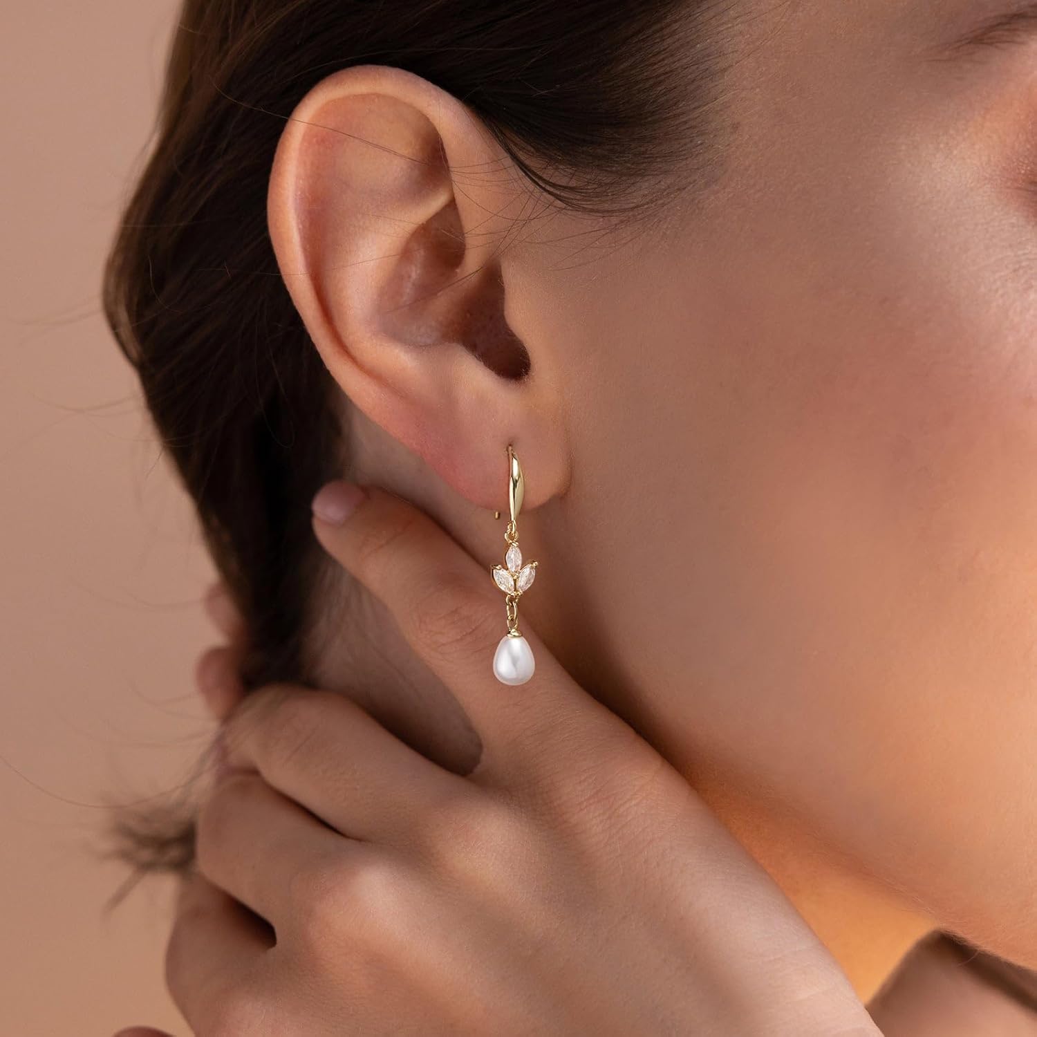 HANLI Pearl Dangle Earrings for Women - 14K Gold Plated Dainty Cubic Zirconia Pearl Drop Wedding Stud Earrings for Brides Bridal Jewelry - Image 4