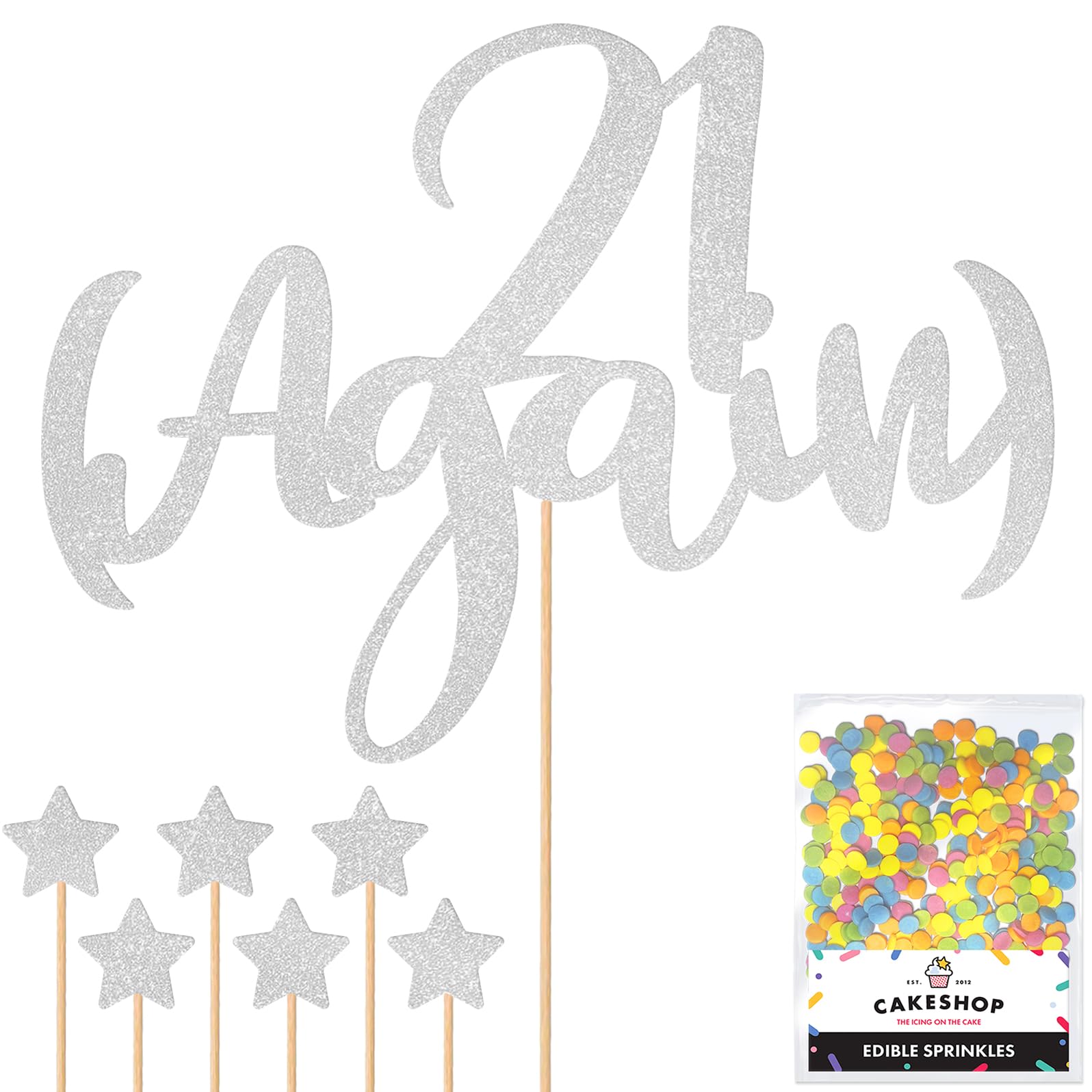 Personalised Funny Old Joke 21 Again Glitter Cake Topper - Light Silver Any Age Glitter Cake Decoration and Sprinkles - Happy Birthday Decorations - Personalised Toppers for Cakes by Cakeshop — image 1