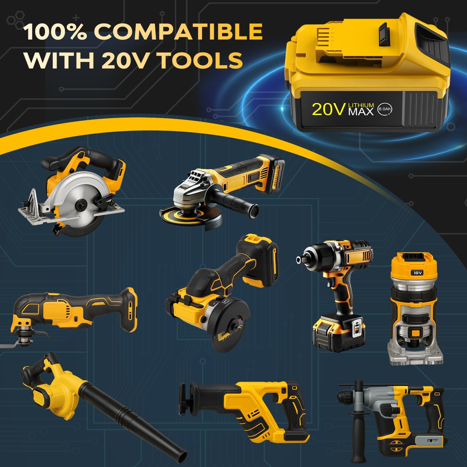 2-Pack 6.0Ah 20V Max Lithium-ion Batteries for Dewalt - Replacement for DCB201, DCB200, DCB205, DCB206, DCB207 dewalt Battery - Compatible with Dewalt 20V Max Battery Tools & Chargers