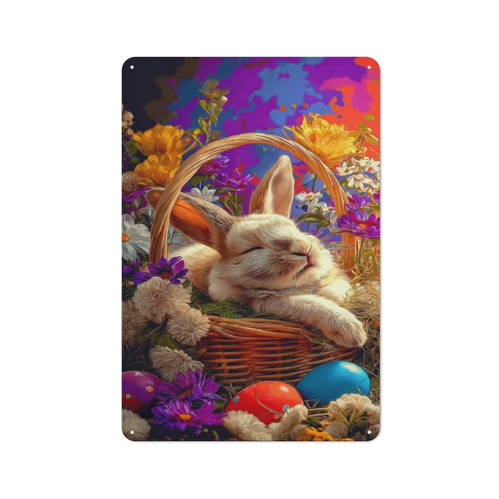 Junmoney Springtime Bunny Basket Rustic Metal Plaque 30X20cm For Studio Or Craft Room, Housewarming Present For People Styling Studio And Craft Room