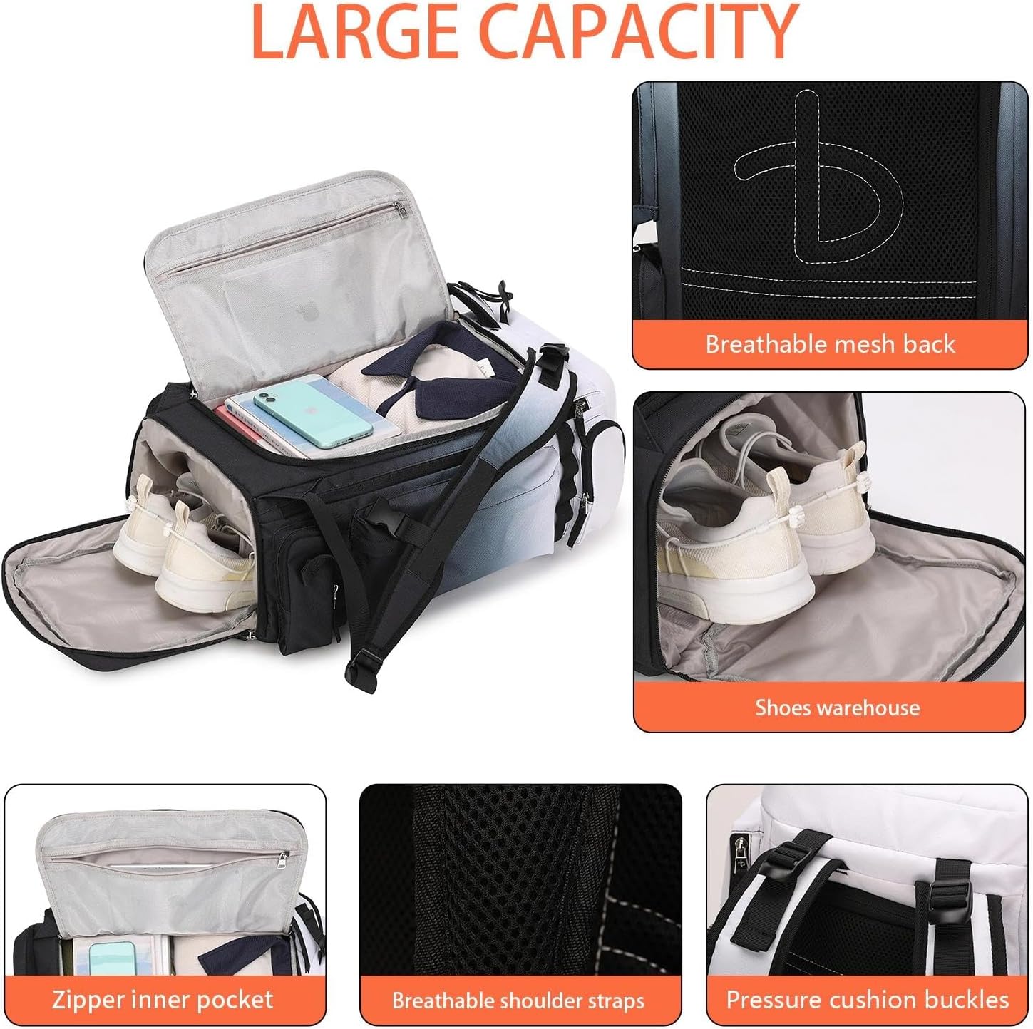 BE SMART 40L Extra Large Gym Backpack for Men, Big Gym Bag with Shoes Compartment, Waterproof Heavy Duty Duffel Bags, Men's Workout Backpacks for Outdoor Sport,Hiking,Camping,Travel XL Gardient Black image 6 of 9 B0DB15DS53