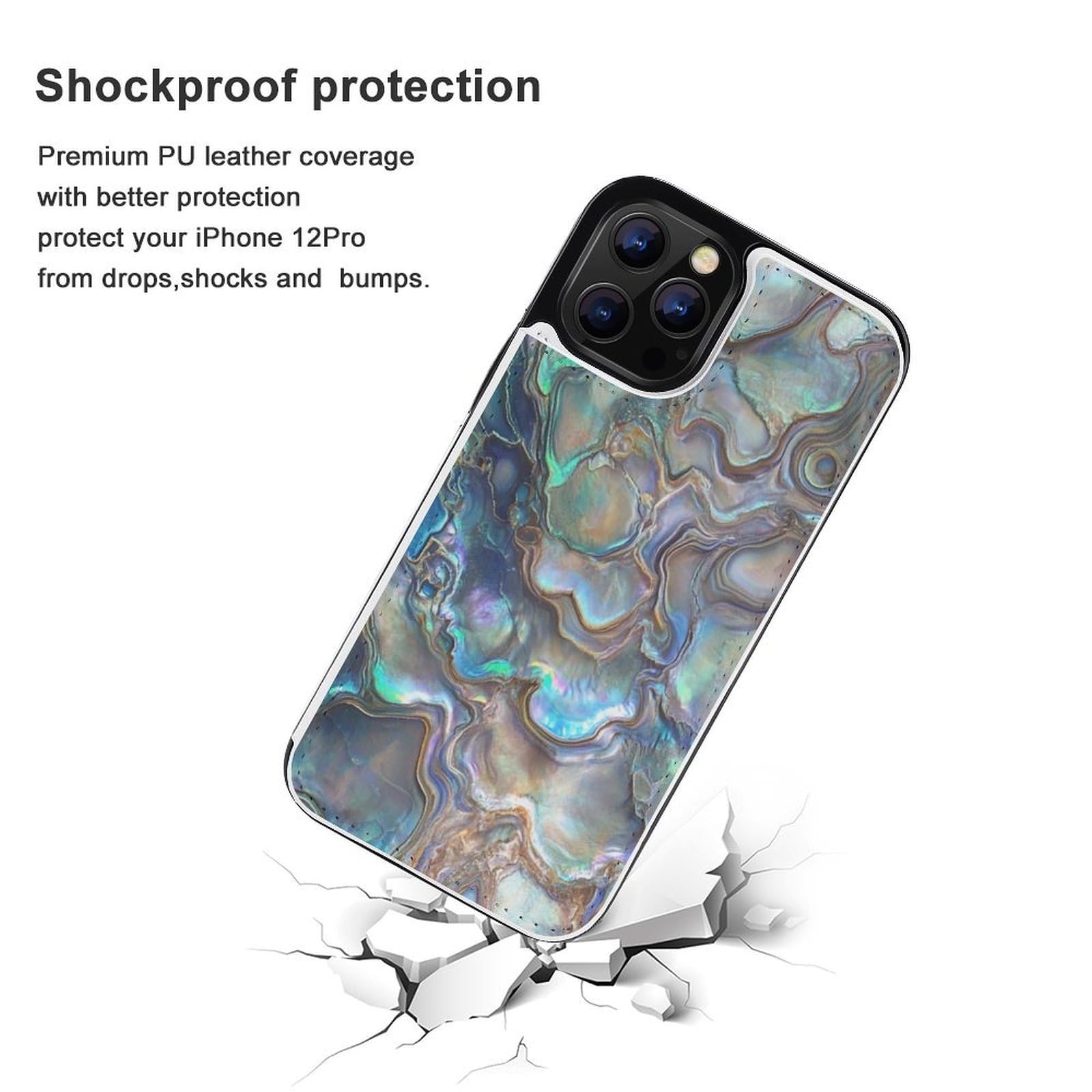 Fundas tipo cartera para iPhone 12 Pro, con estampado de abulón nácar, de piel, con ranuras para tarjetas